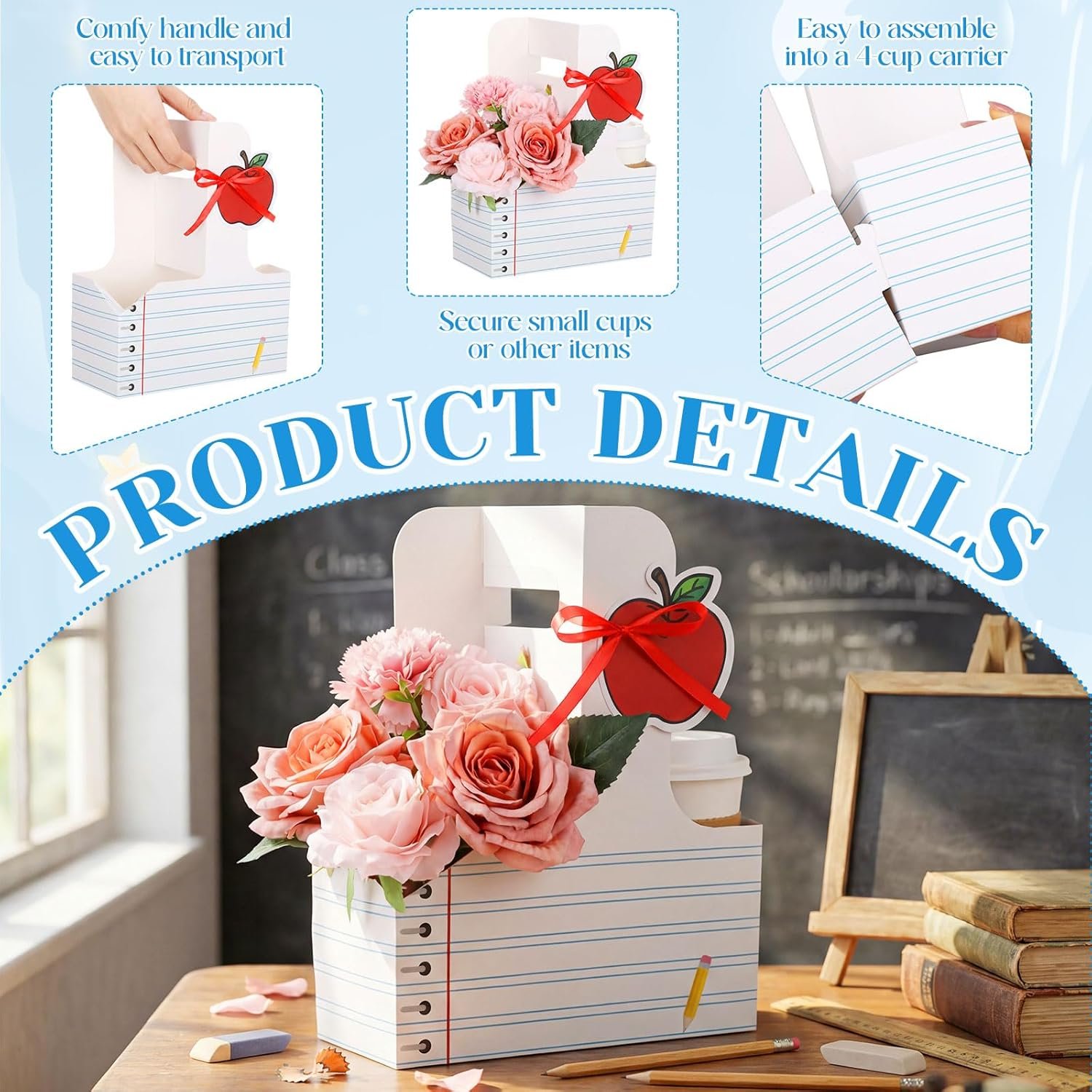 Logo Personalizado para 20 Set de Regalos de Apreciación del Profesor, Soporte para Bebidas de 2 Tazas con Tarjeta de Saludo de Manzana y Cinta, Porta tazas de papel Kraft plegable con asa para la fiesta del Día del Maestro (Rayas Blancas) fabricado por Proveedor. Logo Personalizado para 20 Set de Regalos de Apreciación del Profesor, Soporte para Bebidas de 2 Tazas con Tarjeta de Saludo de Manzana y Cinta, Porta tazas de papel Kraft plegable con asa para la fiesta del Día del Maestro (Rayas Blancas) fabricado por Proveedor.