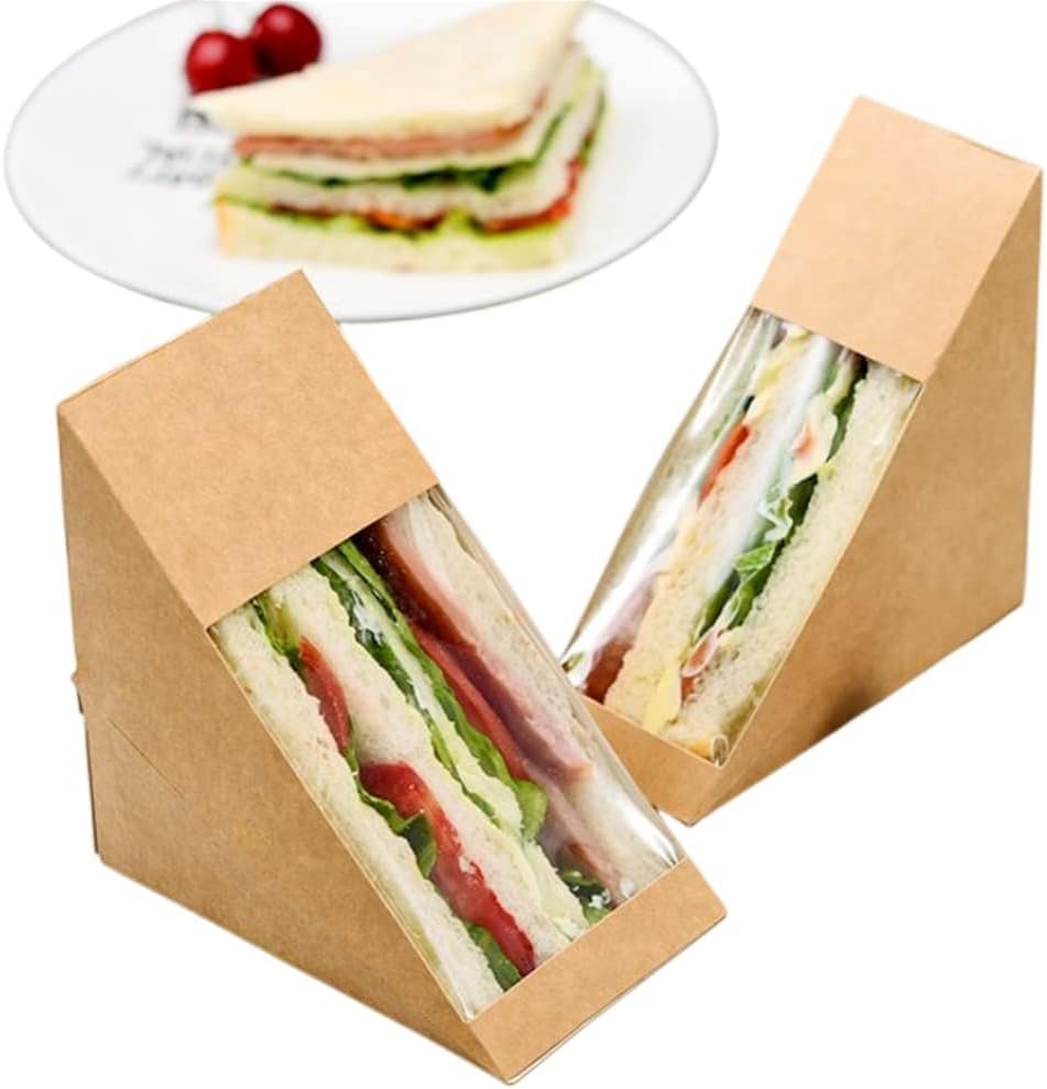 Cajas de papel para sandwiches de 50 piezas con ventana eco-amigable para servicio de comida para llevar, Marca Blanca y personalización de Logo, Proveedor de soluciones para panaderías y restaurantes.