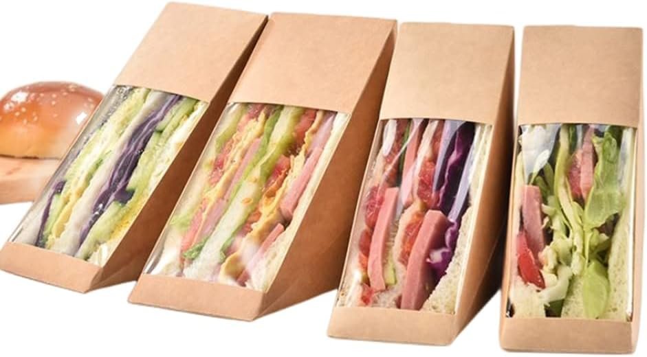 Cajas de papel para sandwiches de 50 piezas con ventana eco-amigable para servicio de comida para llevar, Marca Blanca y personalización de Logo, Proveedor de soluciones para panaderías y restaurantes.