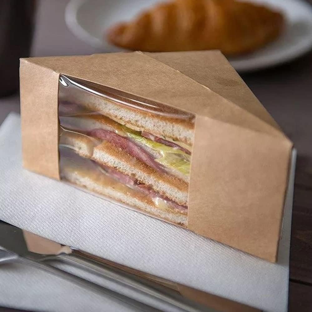 Cajas de papel para sandwiches de 50 piezas con ventana eco-amigable para servicio de comida para llevar, Marca Blanca y personalización de Logo, Proveedor de soluciones para panaderías y restaurantes.