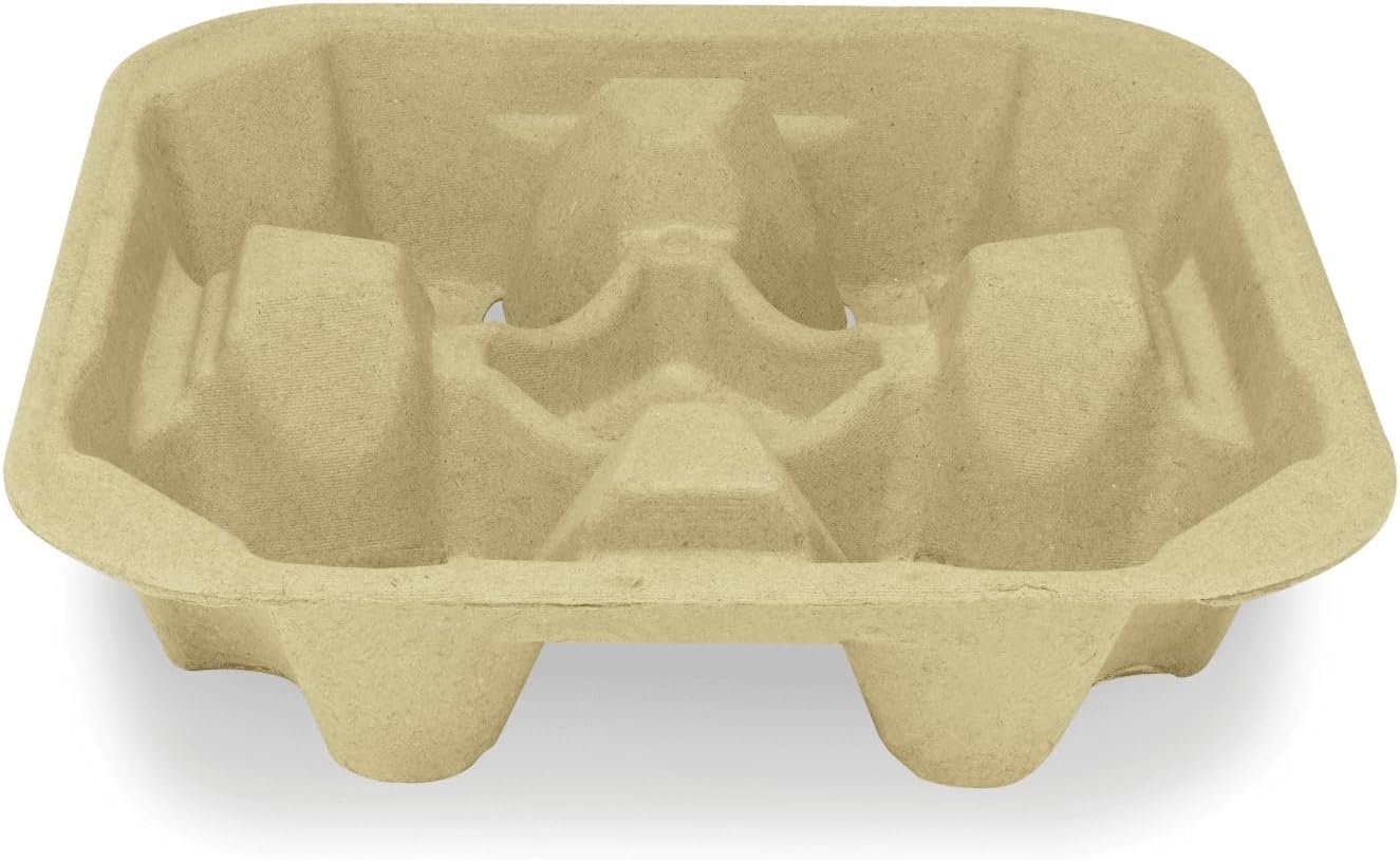 Logo Personalizado para Transportar Bebidas Desechables | Pack de 300 | Bandeja para 4 Tazas de Fibra Moldada (Tazas de 8-32 oz) Resistente y Fácil de Transportar con Marca Blanca de Proveedor