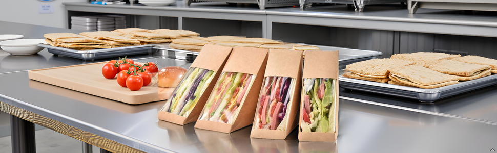 Cajas de papel para sandwiches de 50 piezas con ventana eco-amigable para servicio de comida para llevar, Marca Blanca y personalización de Logo, Proveedor de soluciones para panaderías y restaurantes.