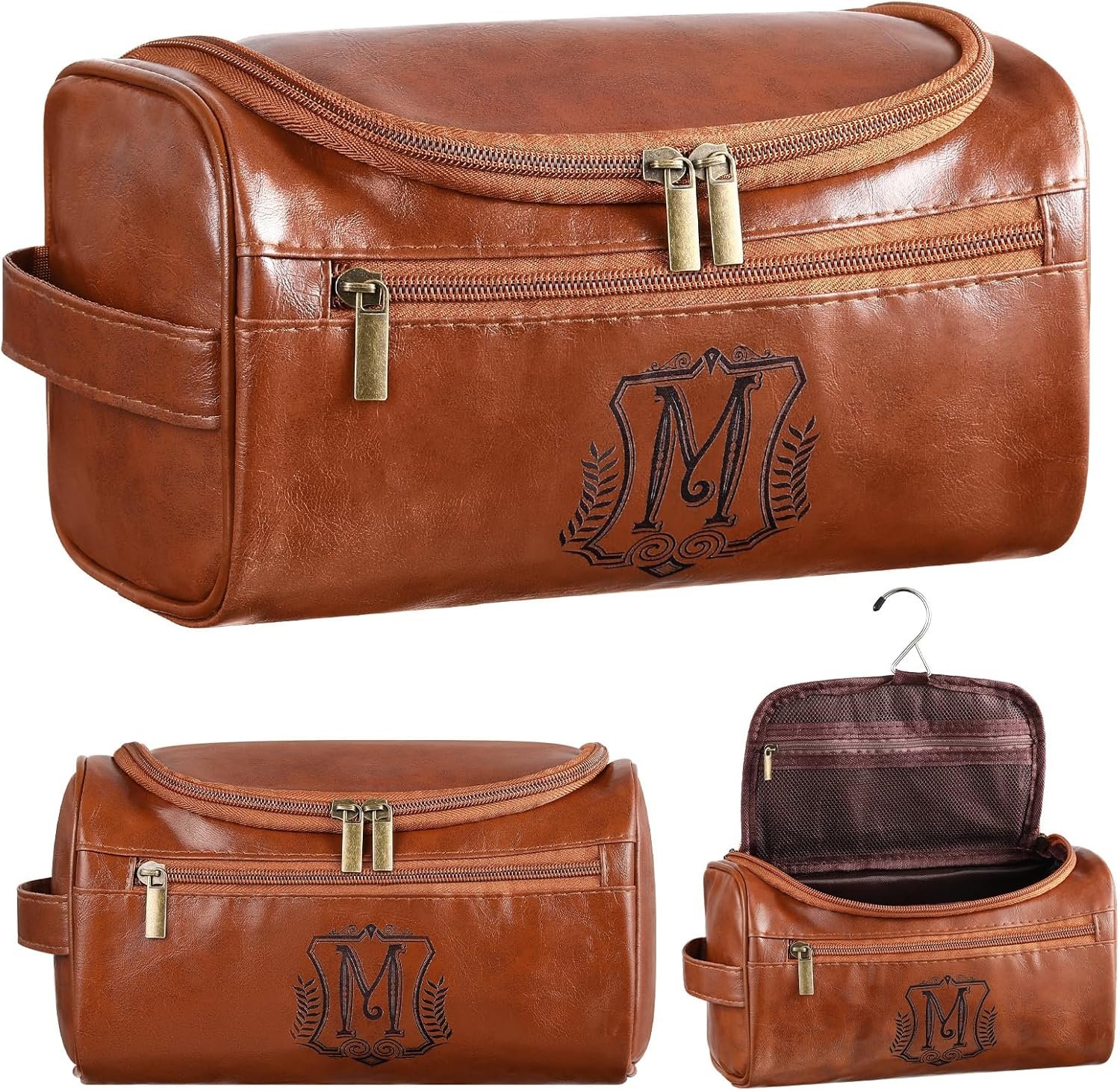 Bolsa de Aseo de Cuero Personalizada para Hombre con Logo Personalizado, Neceser de Viaje con Gancho Monogramado, Kit de Baño de Cuero con Asa Lateral para Él, Regalos de Aniversario y Cumpleaños, Fabricante.