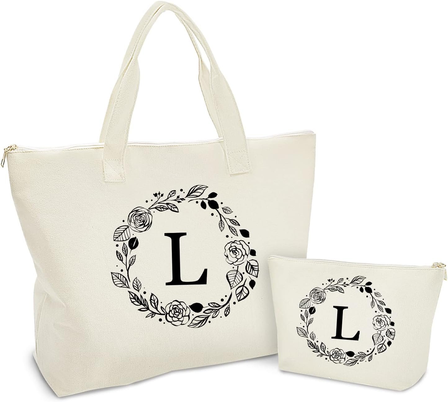 Bolsa de Lona Personalizada con Inicial y Cremallera, Tote Bag con Bolsillo Interior y Neceser, Ideal para Regalos a Mujeres, Mamás, Profesores, Amigos, Damas de Honor, Marca Blanca de Fábrica.