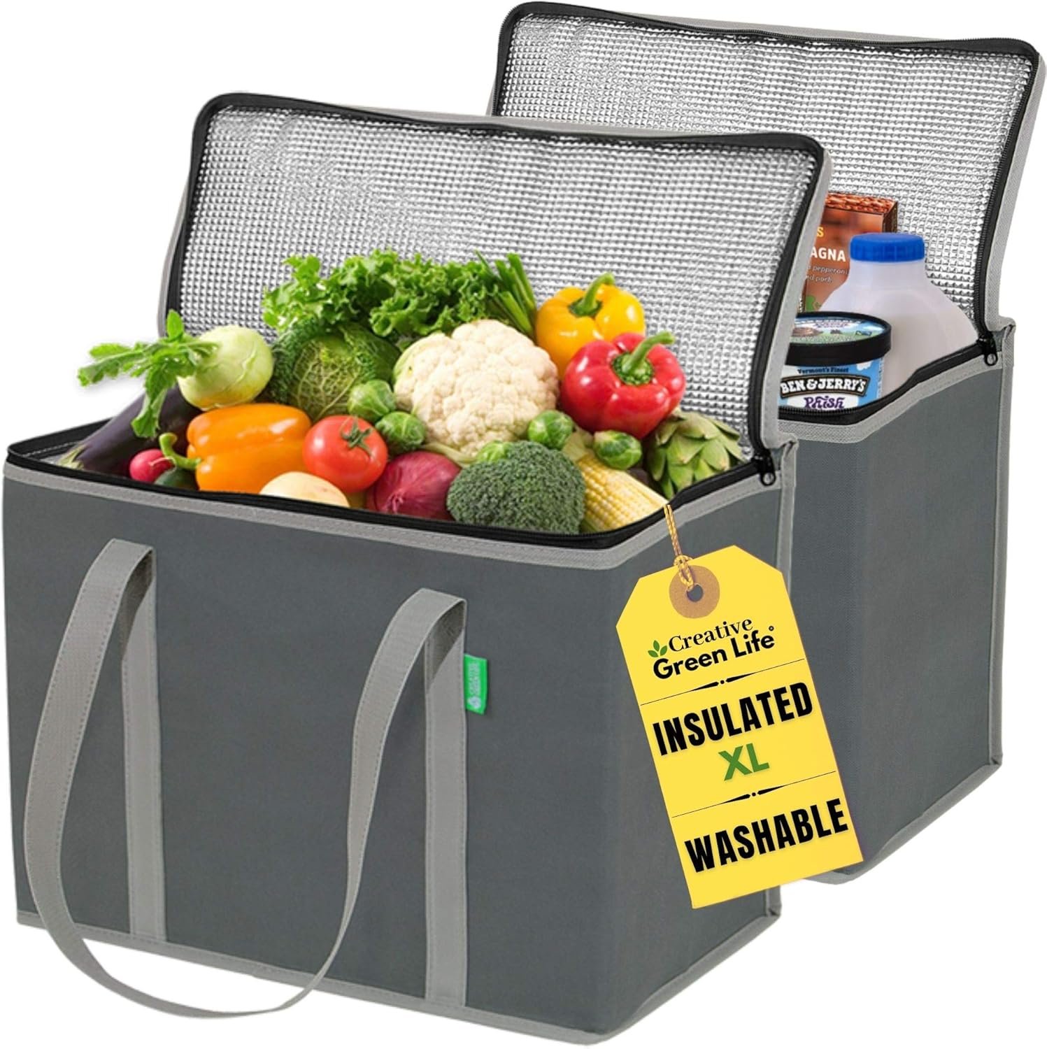 Bolsas de Compras Reusables XL Aisladas (Pack de 2) con Logo Personalizado - Bolsas Enfriadoras de Alta Calidad, Insertable Inferior Duro, Se Mantienen Derechas, Lavables, Fabricante de Productos Sostenibles