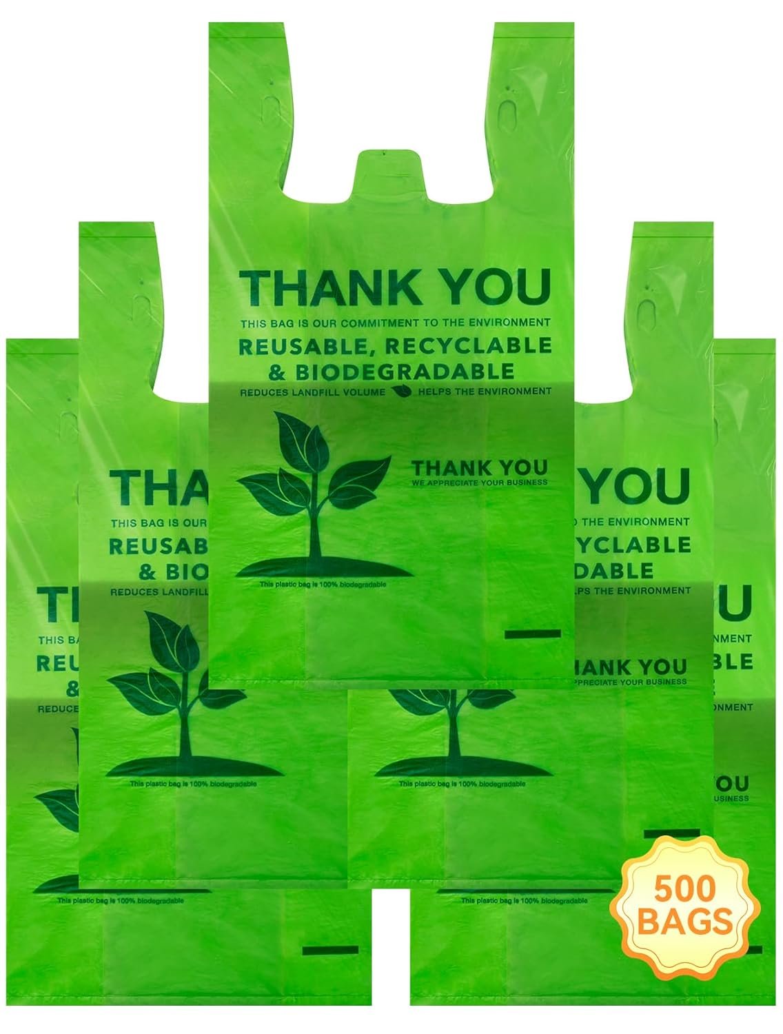 Bolsas de T-Shirt Biodegradables 500 Unidades con Logo Personalizado, Bolsas de Compras Compostables, Ecológicas y Resistentes 16 Mic, 11.5 x 6.25 x 21 Pulgadas, Proveedor de Marca Blanca.