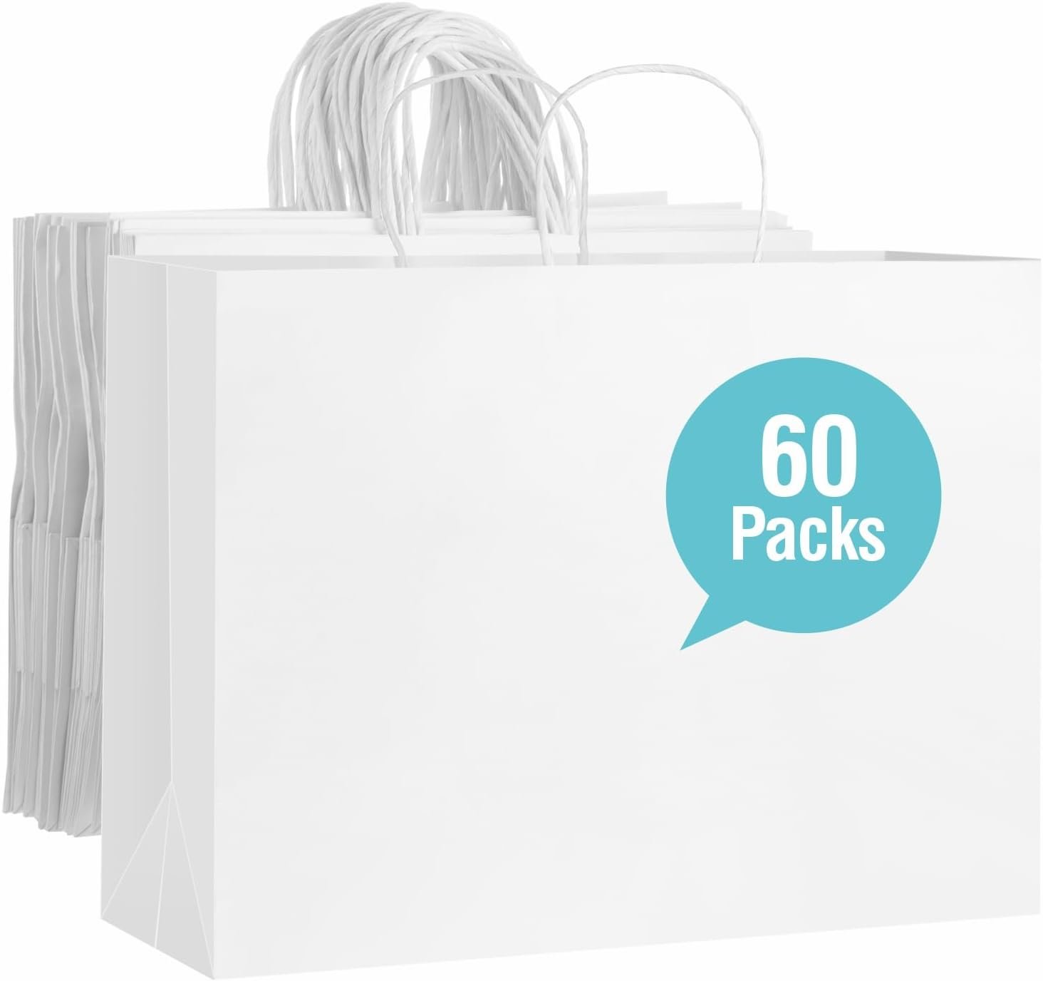 Bolsas de papel blancas de 60 PCS con asas, bolsa de regalo grande 16 x 6 x 12 pulgadas, Marca Blanca para negocio pequeño y compras, Logo Personalizado disponibles, Proveedor de bolsas para regalos y supermercado.