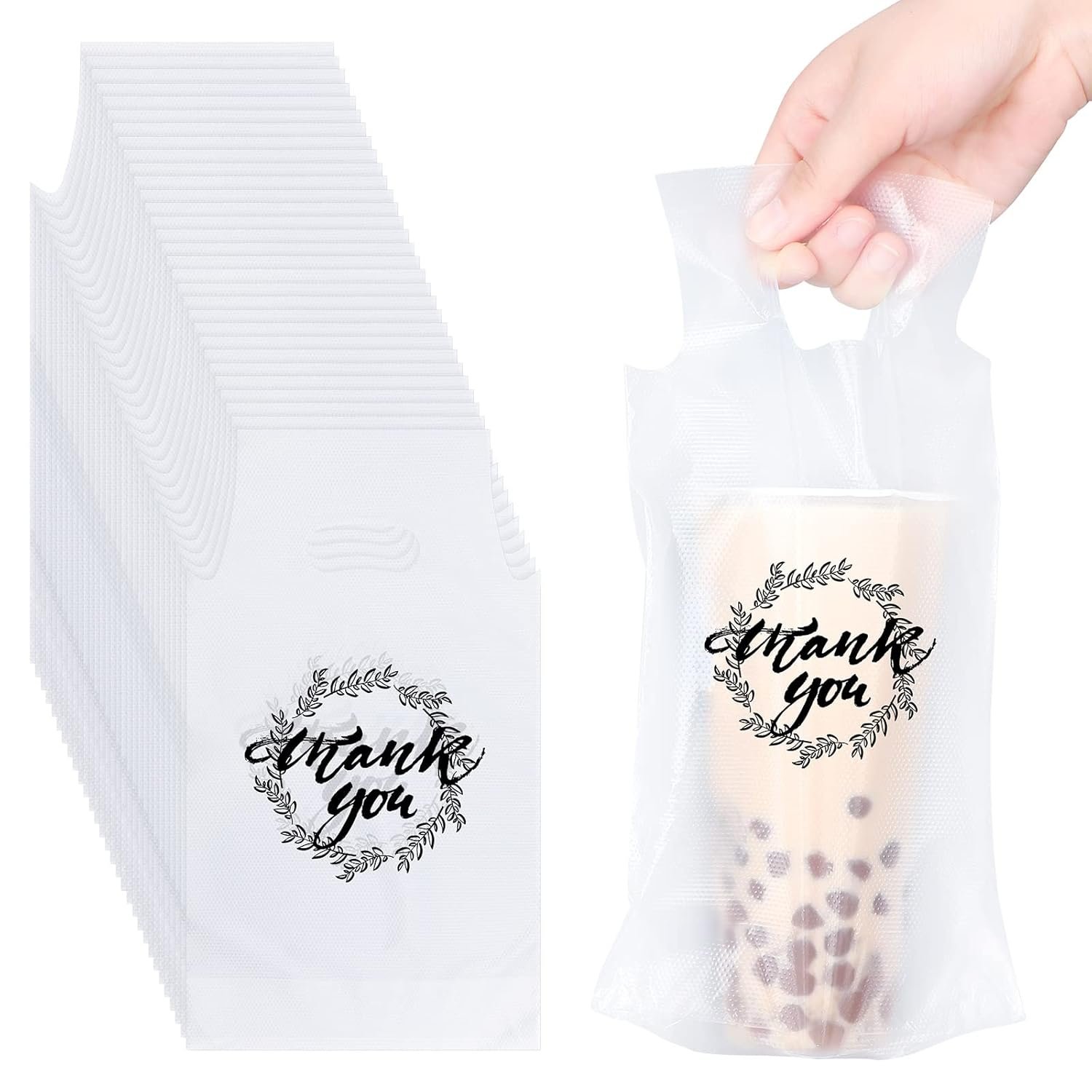Bolsas de plástico portadoras de bebidas para entrega, con asa transparente y gracias, capacidad para 1 taza, ideales para café, té, jugos. Fábrica de bolsas personalizadas con logo y marca blanca.
