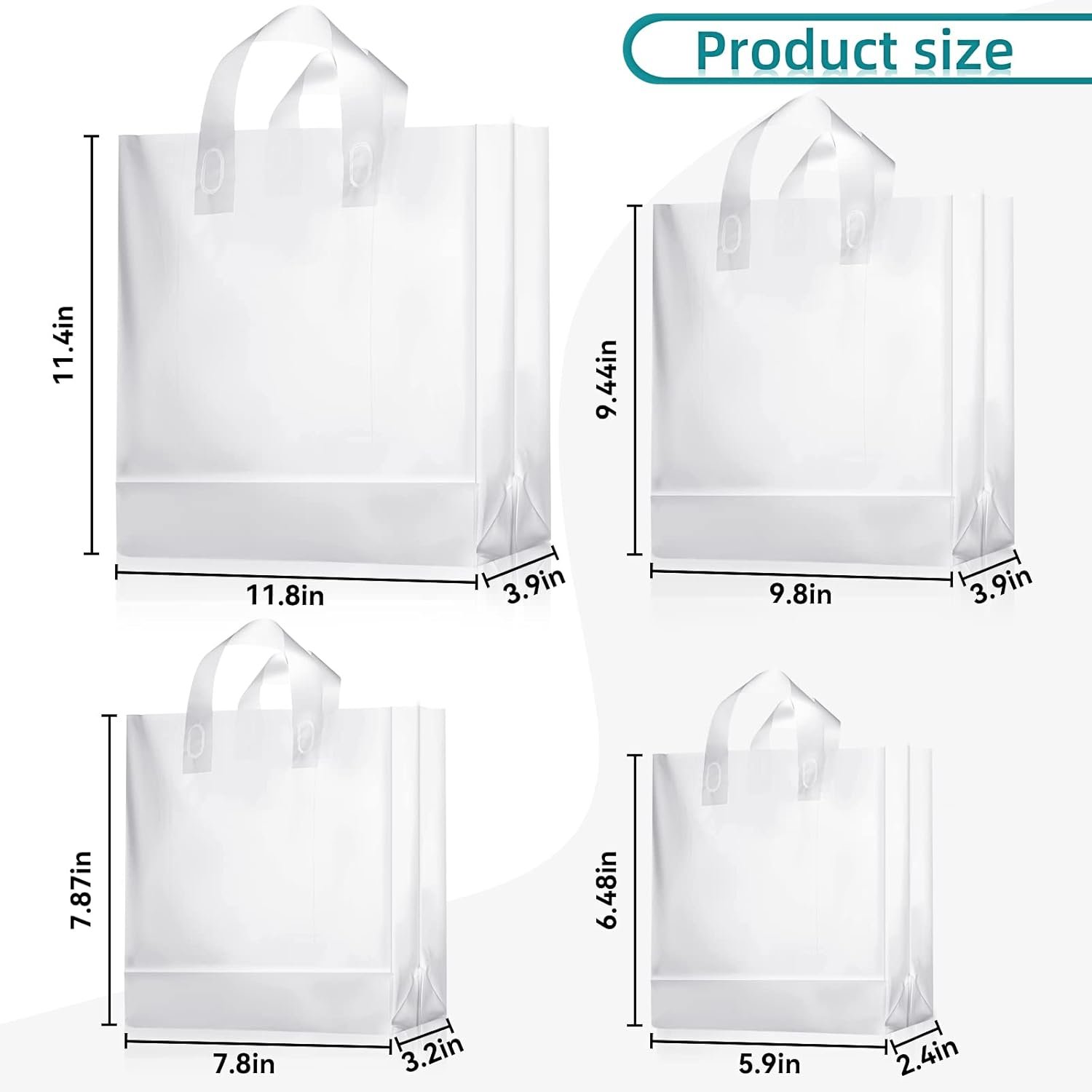 Bolsas de regalo de plástico mate personalizadas con logo, 100 piezas de bolsas de compras claras con fondo de cartón, disponibles en 4 tamaños, ideal para marca blanca de su negocio, proveedor confiable.