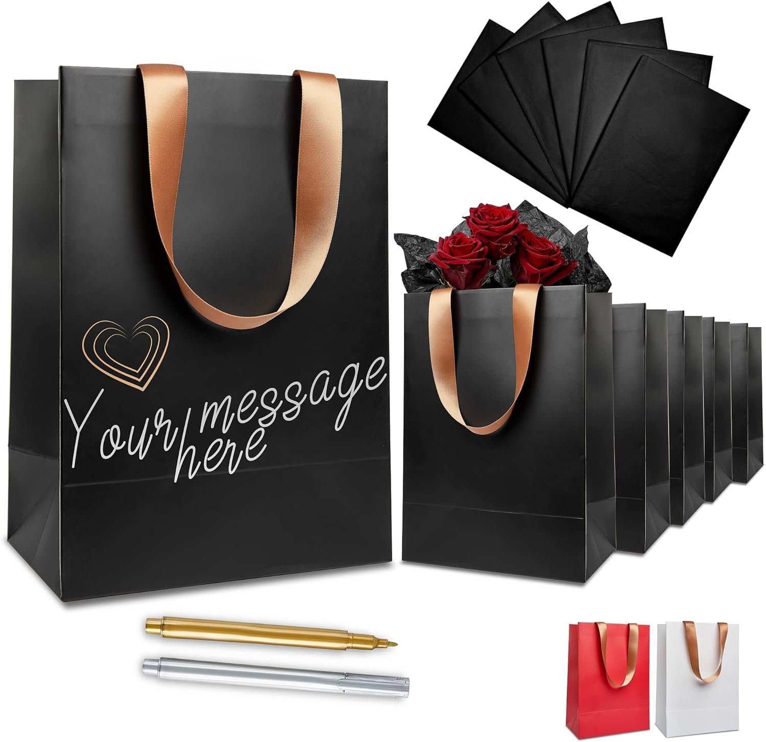 Bolsas de regalo negras personalizadas con logo, con marcadores metálicos para personalización y papel de seda, tamaño medio 8x10″, resistentes y mate. Ideal para cumpleaños. Proveedor de marca blanca.
