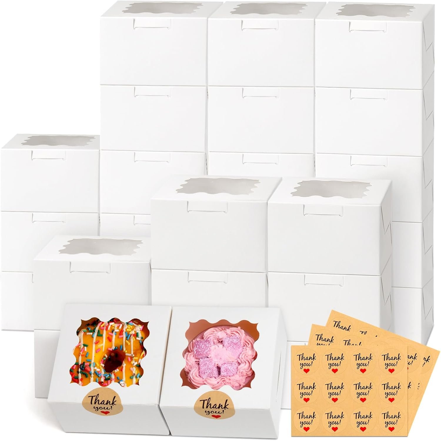 Caja de Galletas Blanca de 26pcs con Ventana, 4x4x2.5 Pulgadas, Cajas Pequeñas de Pastelería con 36pcs de Stickers, Marca Blanca para Postres, Donuts, Macarons, Fresas, Chocolates, Cupcakes y Dulces, con Logo Personalizado de Fábrica.