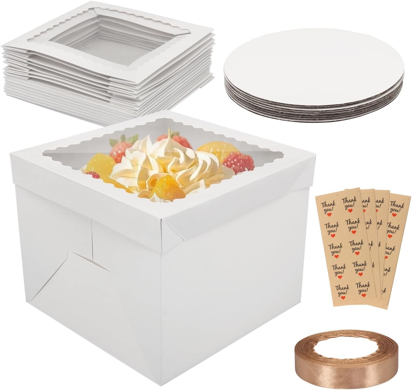 Caja de Pasteles con Logo Personalizado, Pack de 10 Cajas Altas de 10x10x8 Pulgadas con Ventana, Cajas de Cartón para Pasteles de Marca Blanca, Suministros para Decorar Pasteles, Proveedor de Cajas para Regalos.