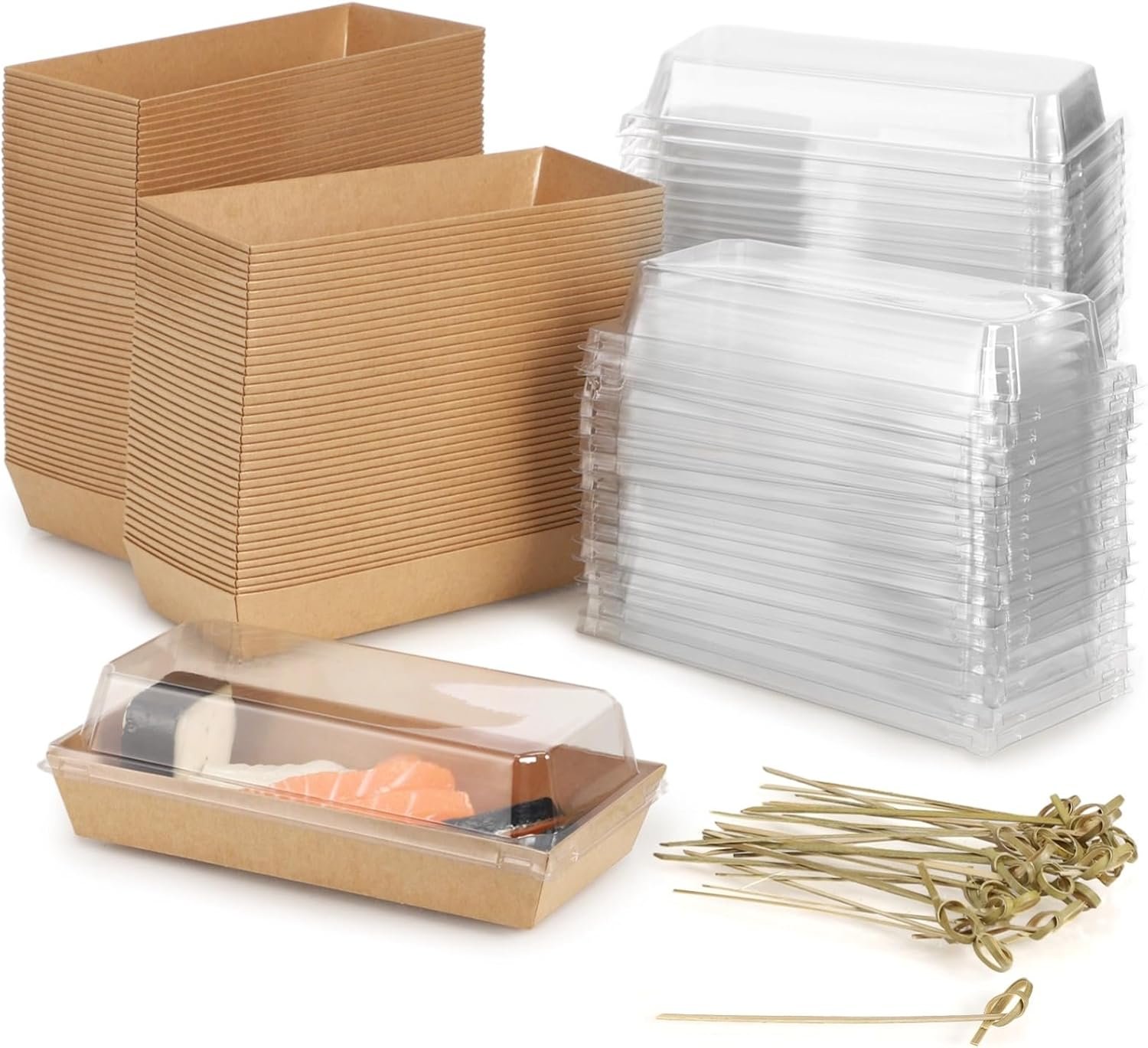 Caja de charcutería de papel con logotipo personalizado de 100 PCS, 7.5 x 3.3 x 2.4 in, cajas de sándwich desechables con 100 pinchos de madera, ideales para golosinas, postres, frutas, Fabricante de envases.