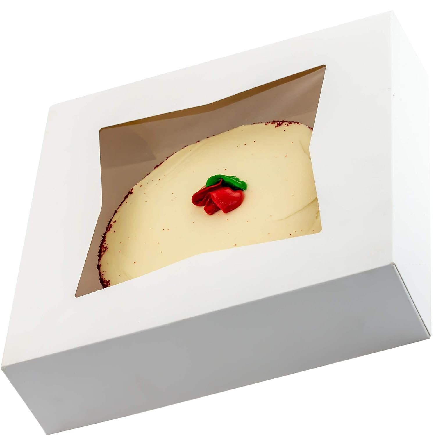 Caja de panadería blanca gourmet de 10 pulgadas con ventana, ideal para exhibir tartas, pasteles, cupcakes y pastas. Personaliza con tu logo para regalos dulces laborales o escolares. Proveedor de soluciones resistentes para el transporte de productos horneados.
