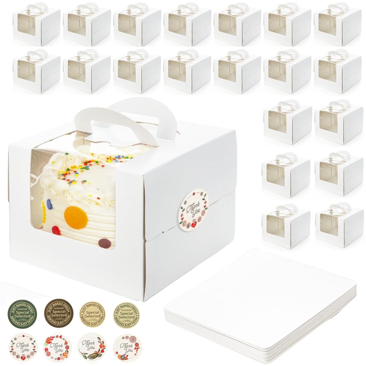 Caja de pastel con logo personalizado, 40 paquetes (20 cajas + 20 bases) de 7.8 x 7.8 x 5.7 pulgadas, envases para pasteles con ventana transparente, etiquetas, contenedor desechable para pastel, donut, pie, marca blanca del proveedor.
