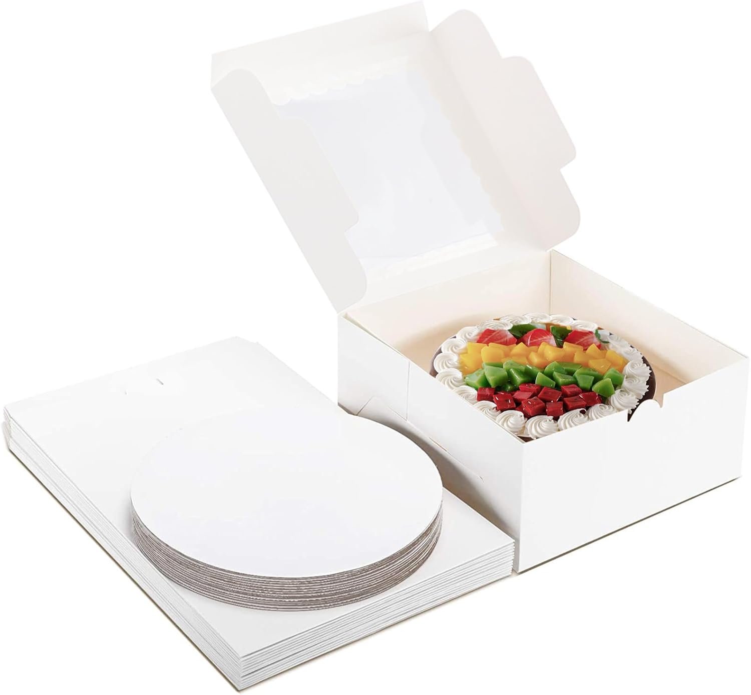 Caja de pastel de 20 unidades 8x8x5 con ventana y bases para pasteles (10 cajas + 10 bases), elegante contenedor blanco para pasteles, galletas, bodas y cumpleaños, logo personalizado, ideal para marca blanca del fabricante.