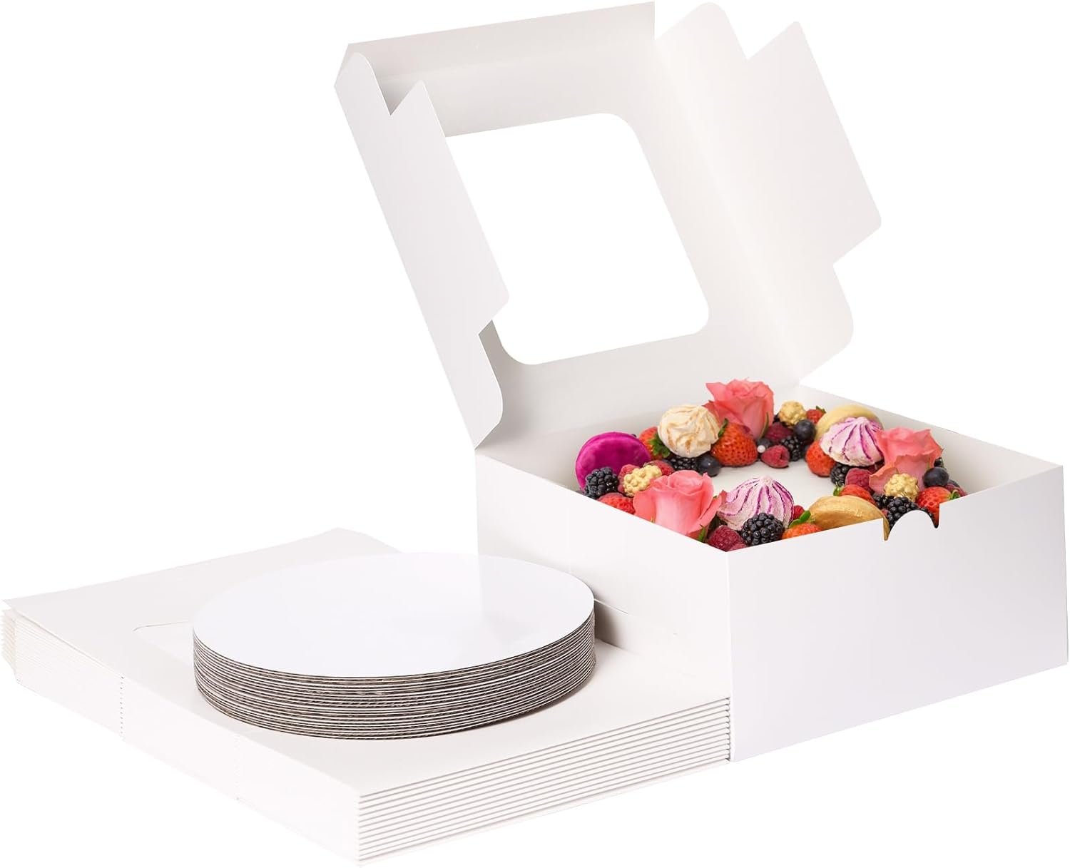 Caja de pastel desechable 48 pack 10x10x5 pulgadas con tableros y pegatinas, ideal para logotipo personalizado y marca blanca. Proveedor de cajas con ventana para San Valentín, Día de la Madre, pasteles, cupcakes, tartas y galletas.