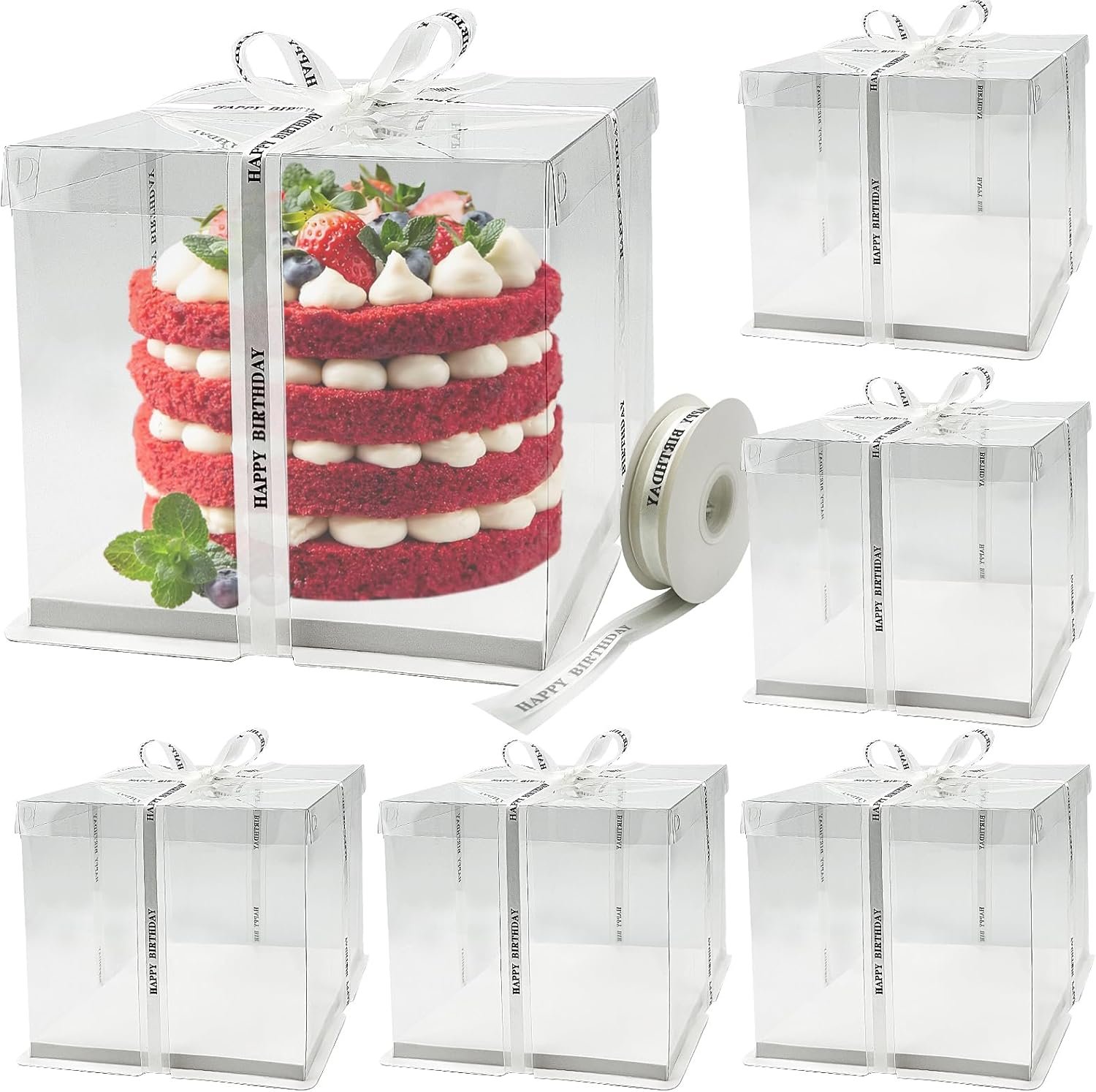 Caja de pastel transparente 6 paquetes con cinta, 8 x 8 x 9 pulgadas, contenedor de transporte para pasteles, Logo Personalizado, envases para llevar de repostería para cumpleaños, bodas, fiestas, Marca Blanca, Proveedor.