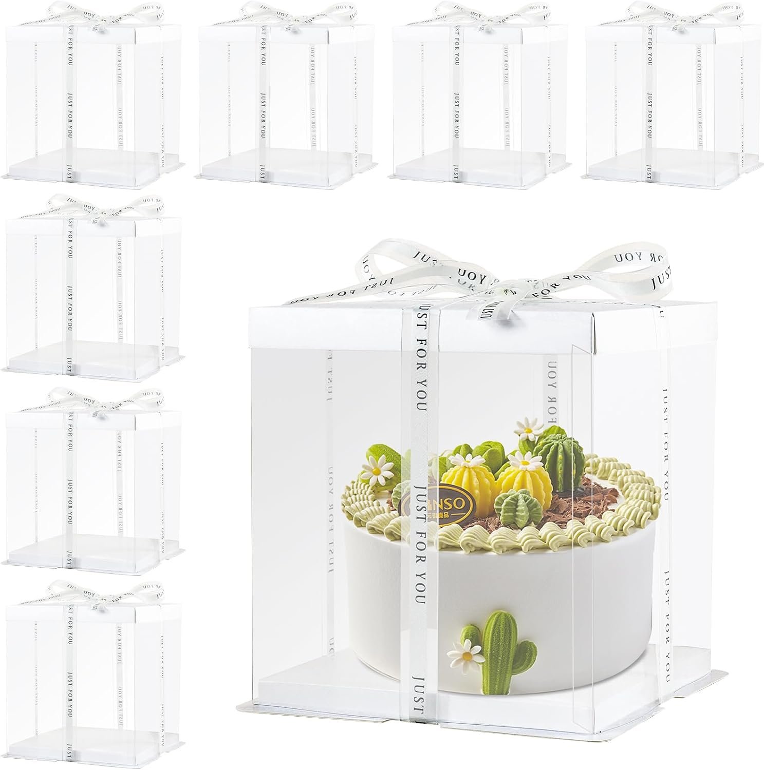 Caja de pastel transparente con cinta y logo personalizado, 8 piezas, caja de transporte de pastel de 2 capas 10x10x9 pulgadas, cajas de regalo claras para cumpleaños y bodas de marca blanca, proveedor de packaging.