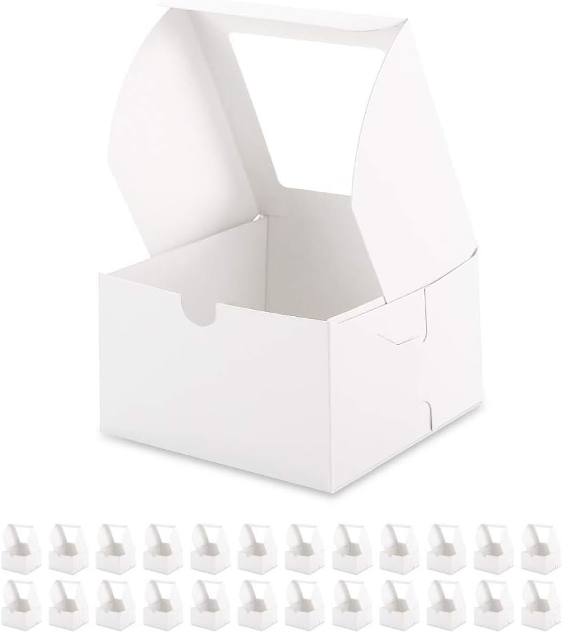 Caja de pastelería blanca con ventana, 25 unidades de 6x6x4 pulgadas, personalizadas con logo, ideales para postres, galletas y favores de boda, fabricadas por proveedor. Caja de pastelería blanca con ventana, 25 unidades de 6x6x4 pulgadas, personalizadas con logo, ideales para postres, galletas y favores de boda, fabricadas por proveedor.