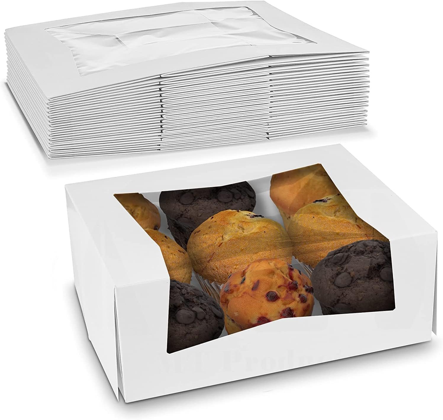 Caja de pastelería blanca hermosa con ventana clara para visibilidad del producto y característica de auto-popup, ideal para mantener seguros donuts, galletas y muffins. Logo personalizado disponible. Tamaño 9