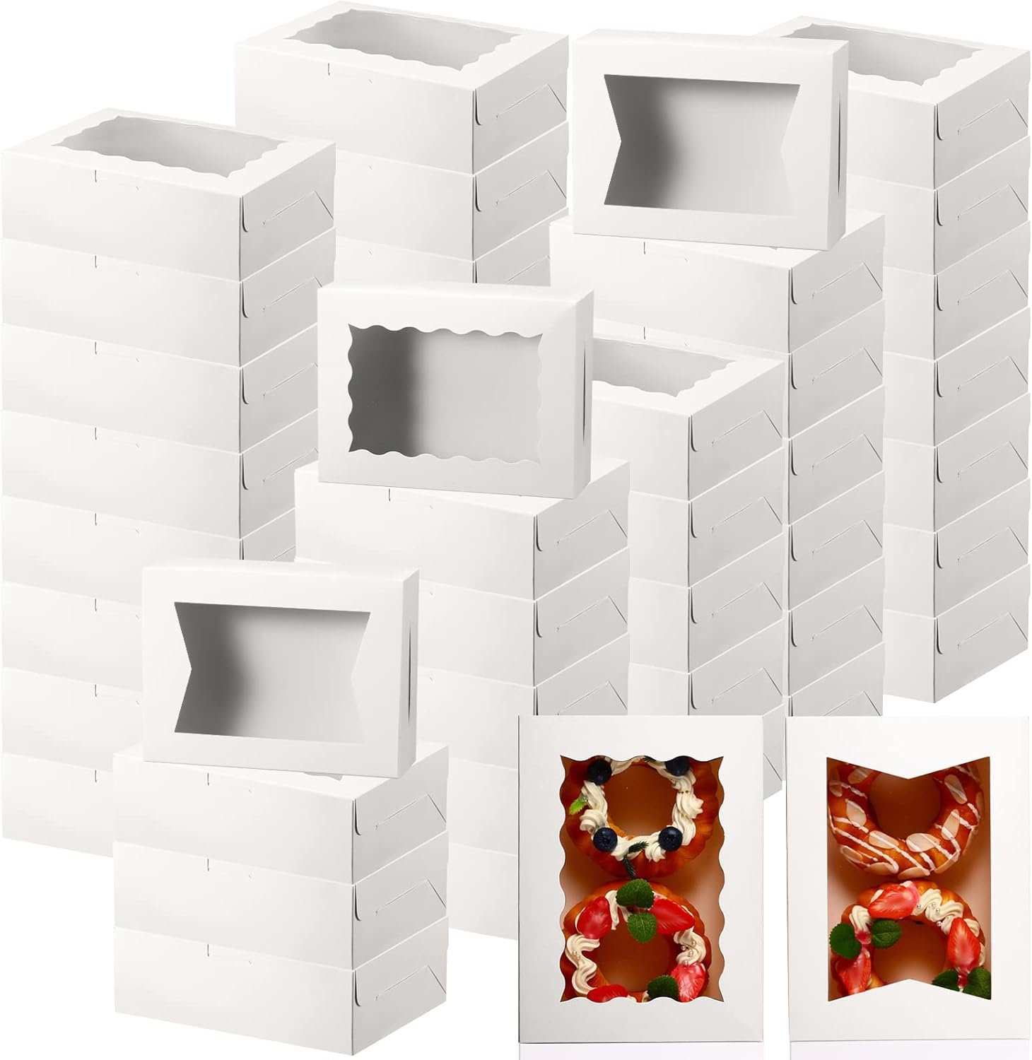 Caja de pastelería de 100 unidades de 8 x 6 x 2.5 pulgadas con ventana en 2 estilos para galletas, chocolates, fresas, cupcakes, caramelos y muffins, con opciones de logo personalizado y marca blanca, ideal para proveedores. Caja de pastelería de 100 unidades de 8 x 6 x 2.5 pulgadas con ventana en 2 estilos para galletas, chocolates, fresas, cupcakes, caramelos y muffins, con opciones de logo personalizado y marca blanca, ideal para proveedores.