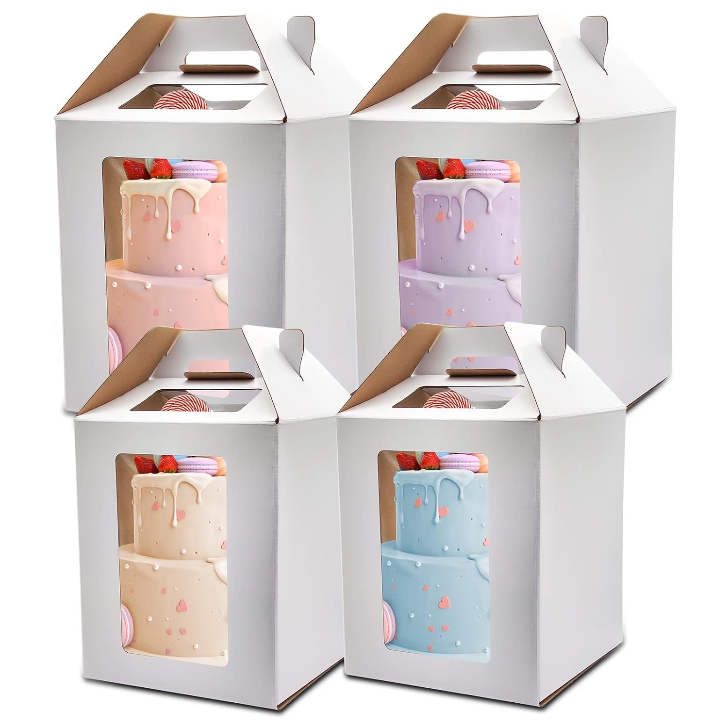Caja de pasteles con ventana de 10x10x12 y 12x12x14 pulgadas, 6 piezas para pasteles de bodas y cumpleaños, personalizable con logo, envase desechable para panadería, Proveedor de cajas para tartas.