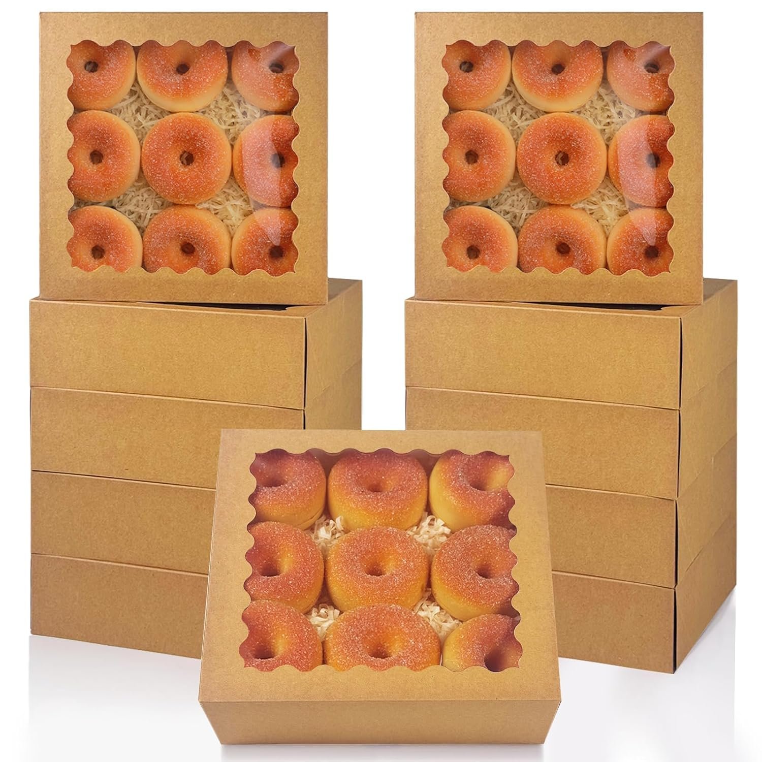 Caja de pasteles marrón de 10x10x2.5 pulgadas con ventana para galletas y donuts, 12 paquetes, Marca Blanca, Proveedor.