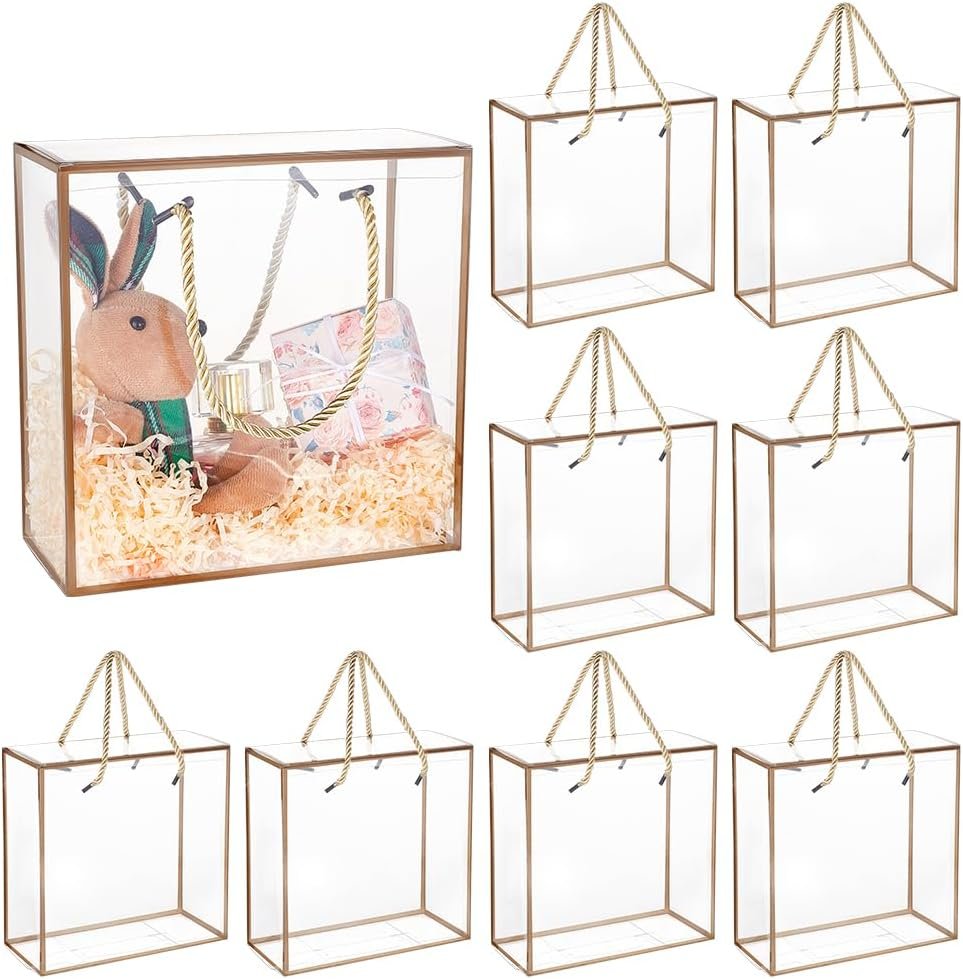 Caja de regalo transparente PET con logo personalizado, 10 packs de cajas de obsequio de 7.8x7.8x3.5 pulgadas con borde dorado y asas, caja para favores de fiesta de cumpleaños, boda y Día de la Madre, fabricante de soluciones personalizadas. Caja de regalo transparente PET con logo personalizado, 10 packs de cajas de obsequio de 7.8x7.8x3.5 pulgadas con borde dorado y asas, caja para favores de fiesta de cumpleaños, boda y Día de la Madre, fabricante de soluciones personalizadas.