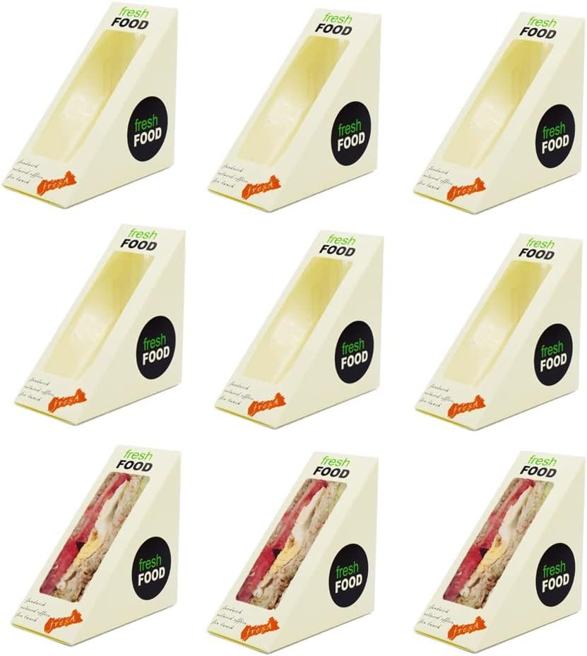 Caja de sándwiches de 100 piezas, biodegradable y con ventanilla para exhibición, ideal para servicio de comida para llevar en panaderías. Logo personalizado disponible con marca blanca. Proveedor de soluciones ecológicas.