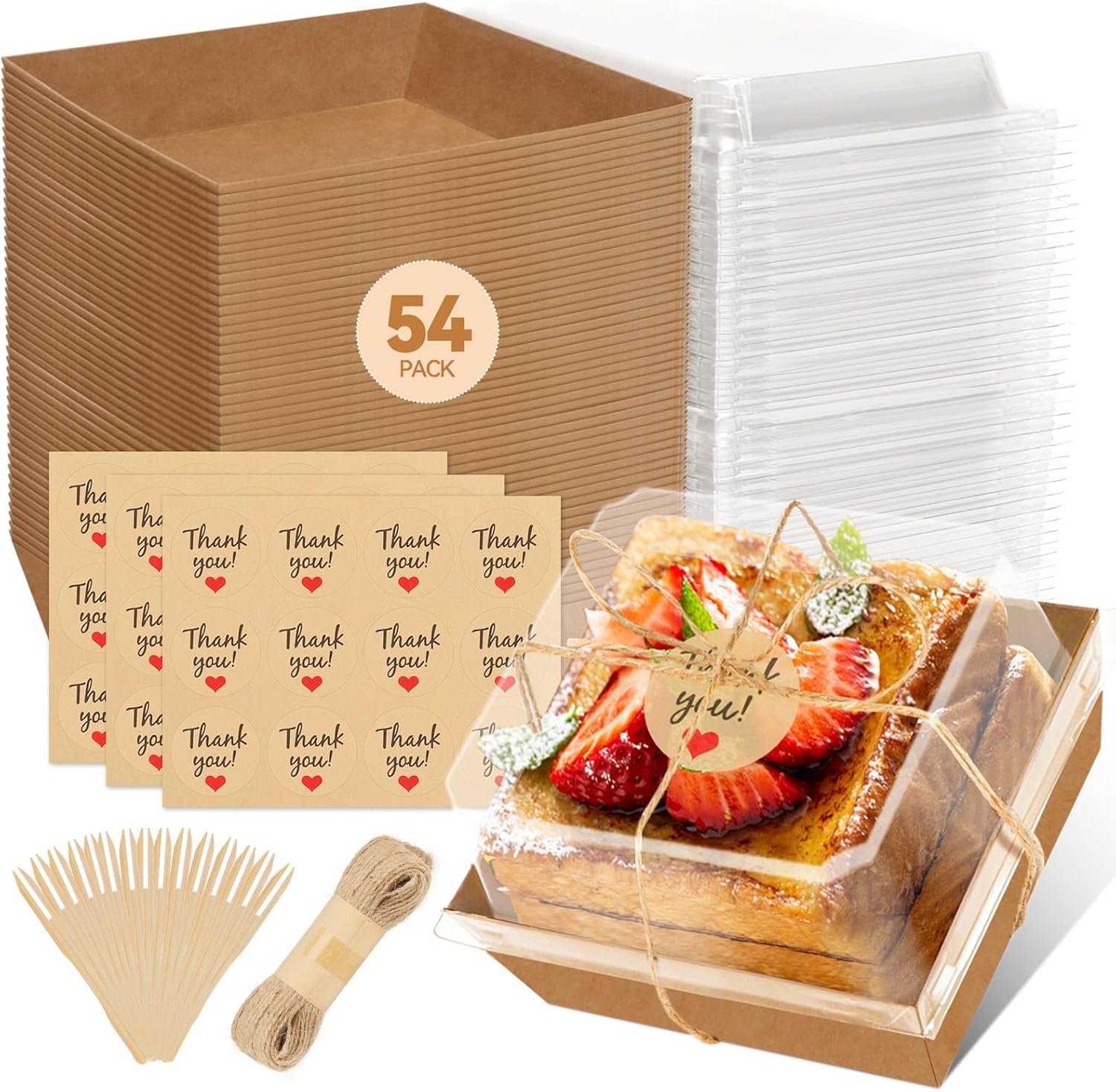 Caja desechable para mini charcutería de 54 unidades con tapa clara, ideal para postres como sándwiches, galletas, sushi, porciones de pastel y fresas, con opción de Logo Personalizado. Perfecta para uso en negocios de catering y eventos, disponible a través de nuestro Proveedor.