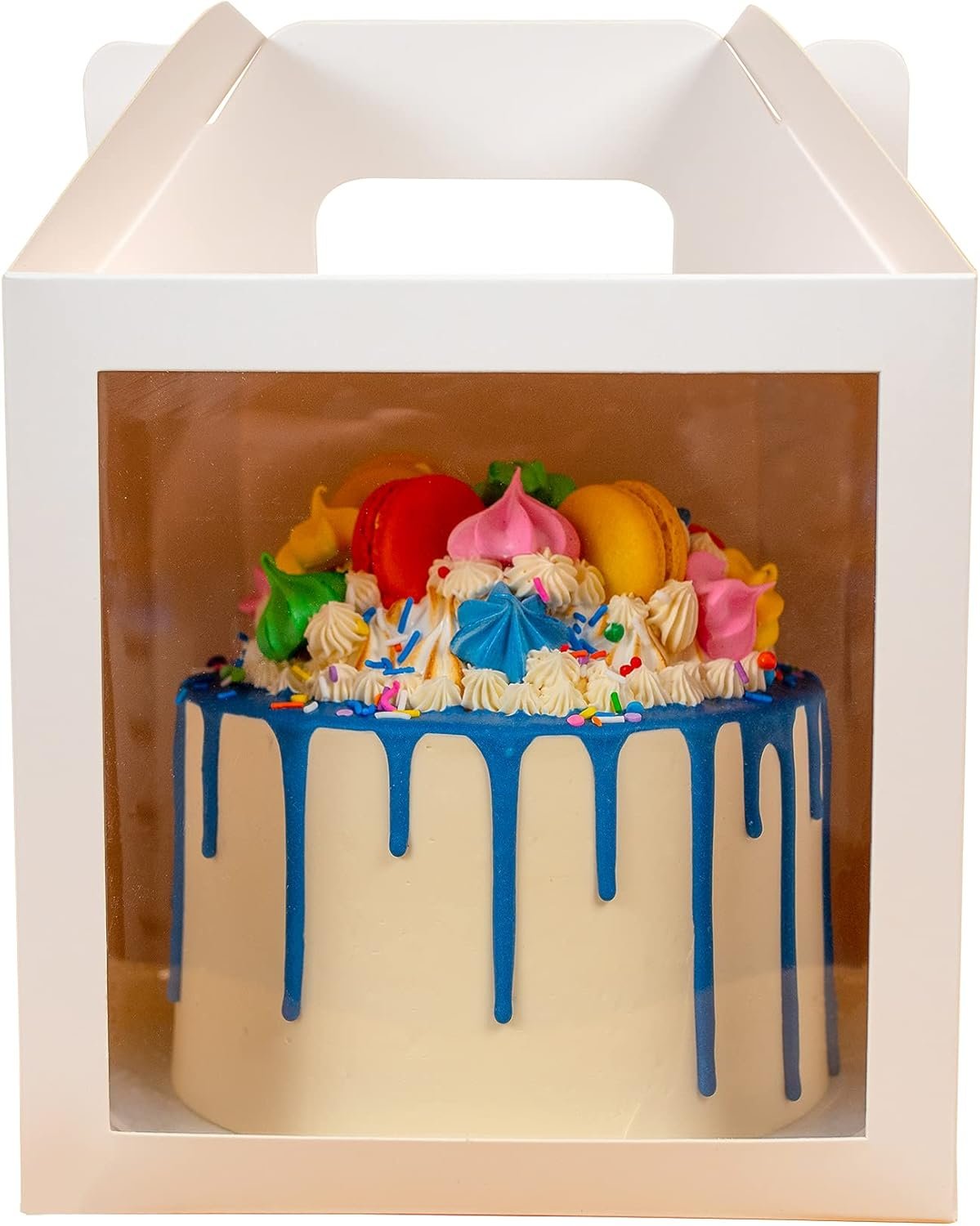 Caja desechable para pasteles altos con ventana y mango de 10 unidades de 8x8x8 pulgadas | Marca blanca y logo personalizado | Proveedor de envases para repostería Caja desechable para pasteles altos con ventana y mango de 10 unidades de 8x8x8 pulgadas | Marca blanca y logo personalizado | Proveedor de envases para repostería