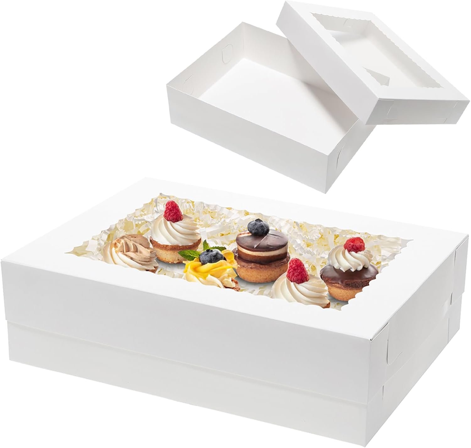 Caja para pasteles rectangulares de 14x10x4 cm con ventana para envoltura de pasteles, magdalenas, donas y galletas. Marca blanca con logo personalizado de alta calidad, ideal para panaderías. Proveedor confiable de empaques.