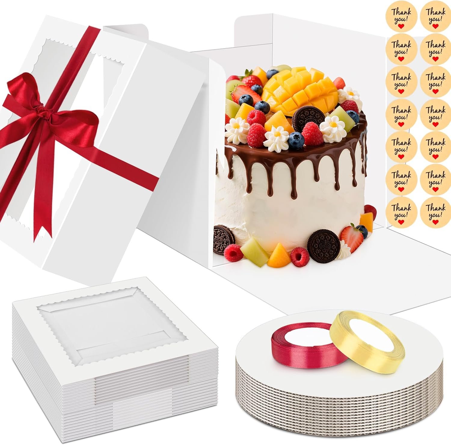 Cajas Para Pasteles con Ventana 10x10x5, Personalizadas con Logo y Etiquetas de Cinta, Cajas Desechables de 10 pulgadas como Proveedor para Bodas, Fiestas y Regalos.