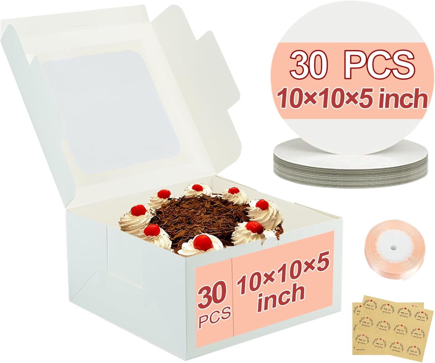 Cajas Pasteles para Cookies, Pies, Cupcakes y Pasteles con Ventana, 30pcs de 10x10x5 Pulgadas, Logo Personalizado, Marca Blanca, Proveedor de Equipos de Pastelería