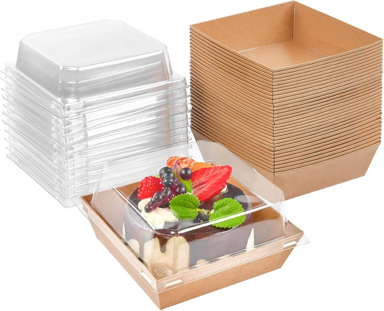 Cajas de Charcutería Desechables para Postres con Tapas Transparentes de 4 Pulgadas, 50 Pack, Marca Blanca, ideal para Galletas, Porciones de Pastel, Mini Pasteles, Fresa con Chocolate, Proveedor. Logo Personalizado disponible.