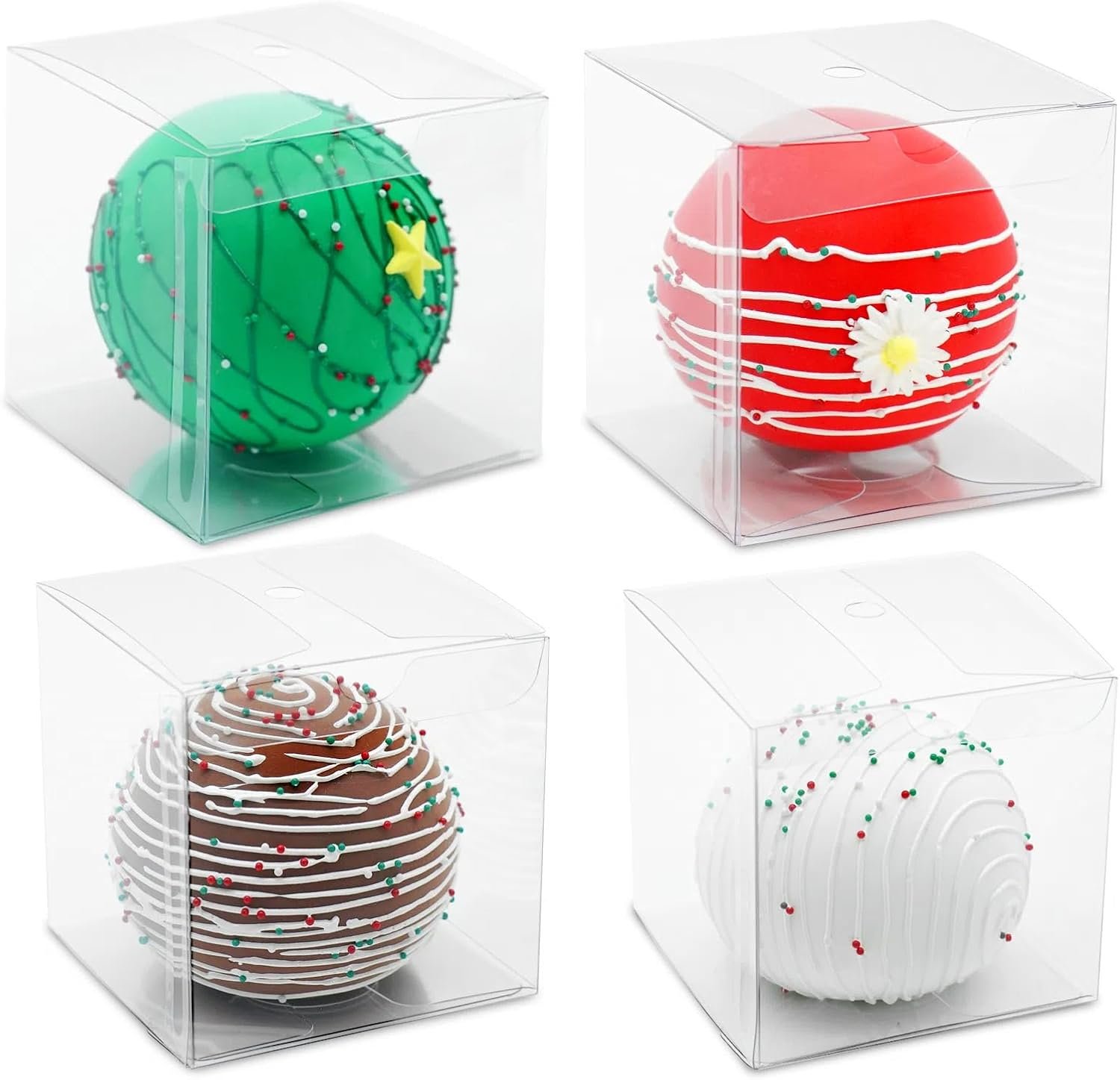 Cajas de Favor Claras de 3x3x3 Pulgadas para Bombas de Chocolate, Cajas de Regalo, Cajas de Cupcake y Macaron con Logo Personalizado, Perfectas para Cumpleaños, Bodas y Eventos, Disponibles en Fábrica.