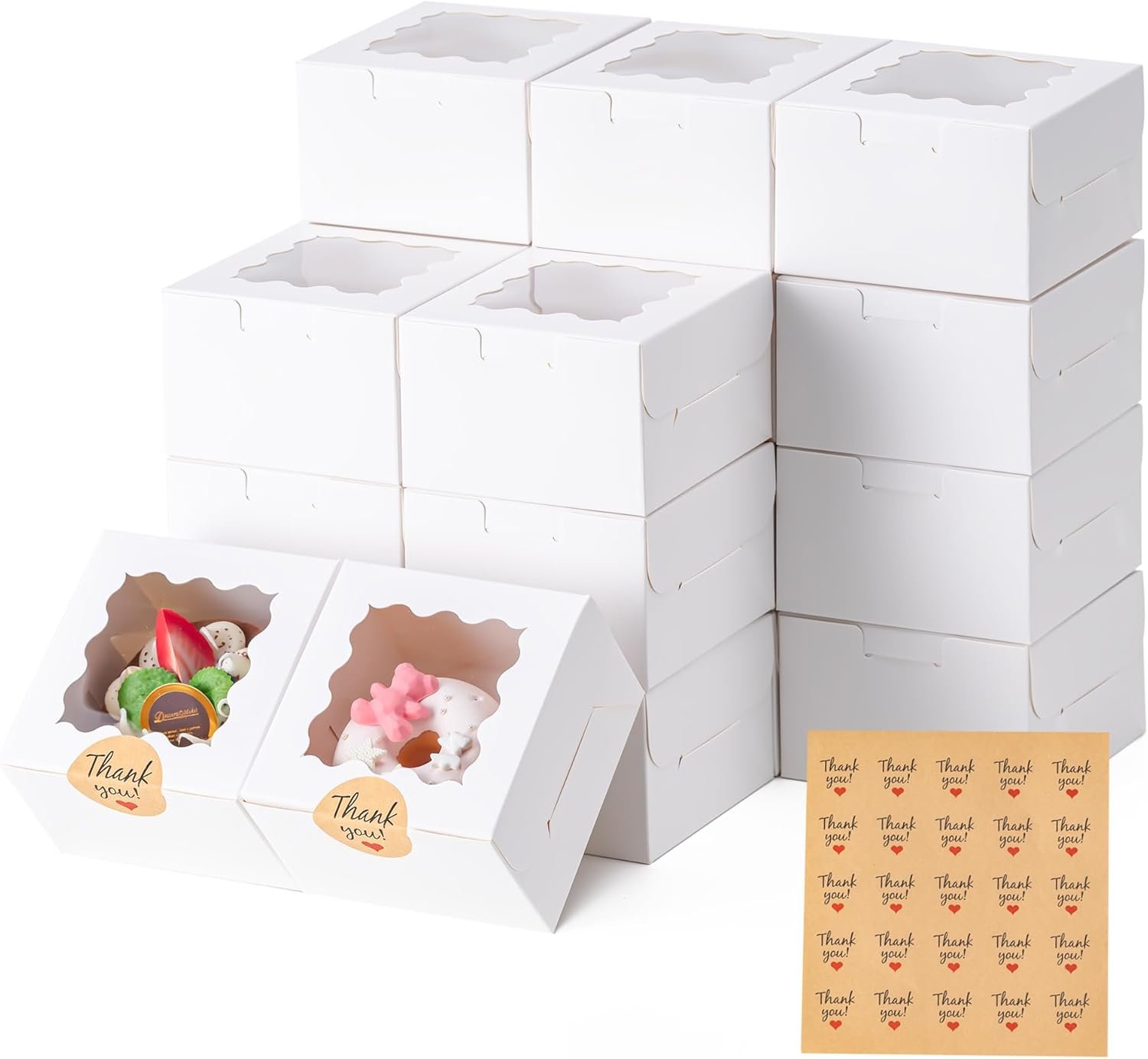 Cajas de galletas con ventana, 20 unidades, 4x4x2.5 pulgadas, ideales para pastelería, postres y golosinas, incluye 25 stickers para personalizar, Marca Blanca, Proveedor.