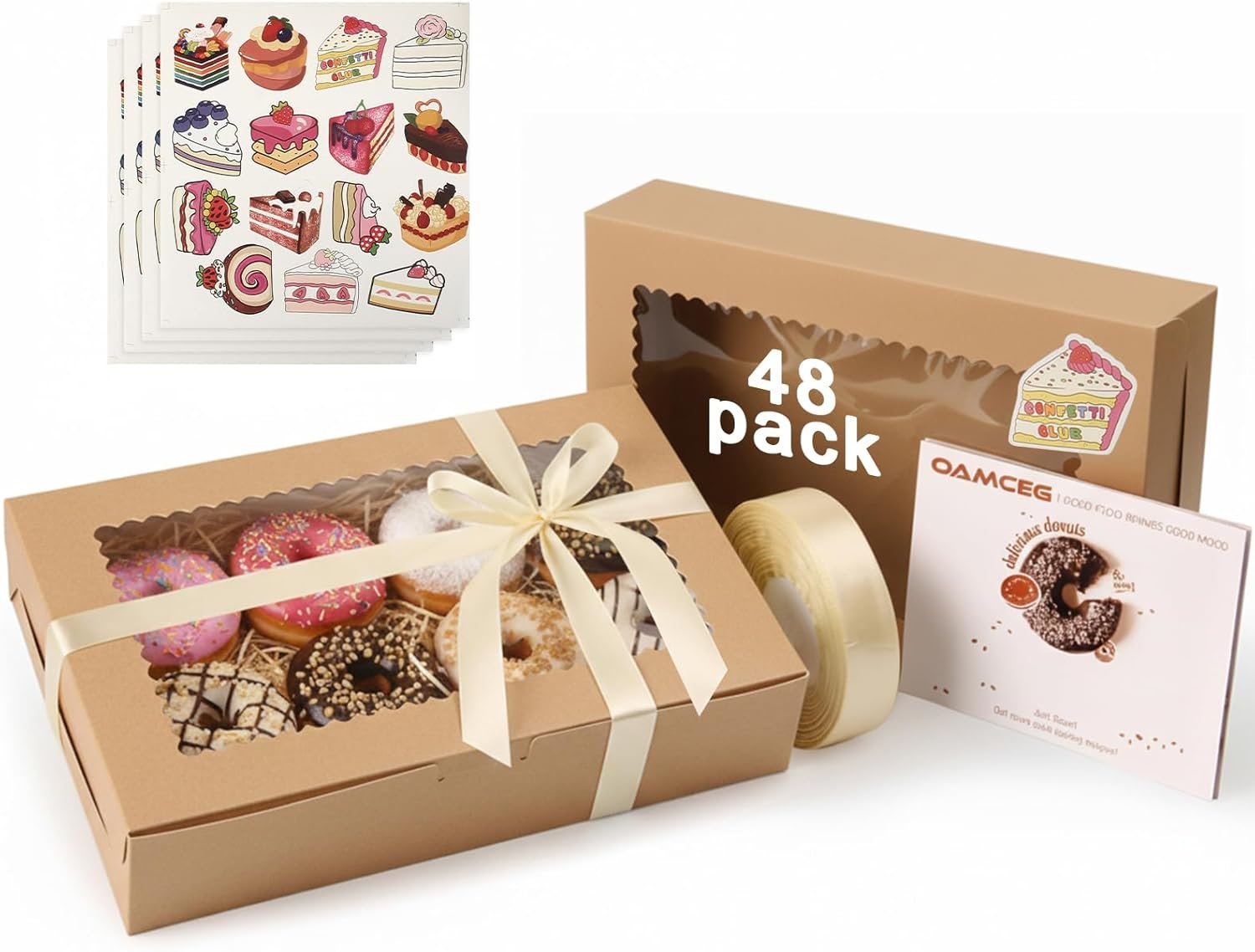 Cajas de galletas con ventana 48 Pack, 12x8x2.5 Pulgadas, ideales para obsequios navideños de postres, donuts y pasteles, Marca Blanca de Fábrica.