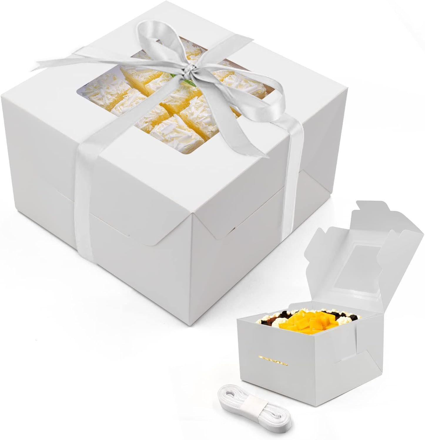 Cajas de pastel blancas de 10 piezas 8x8x5 pulgadas con ventanas para galletas, cupcakes, muffins y donas, Marca Blanca, Proveedor de empaques personalizados.
