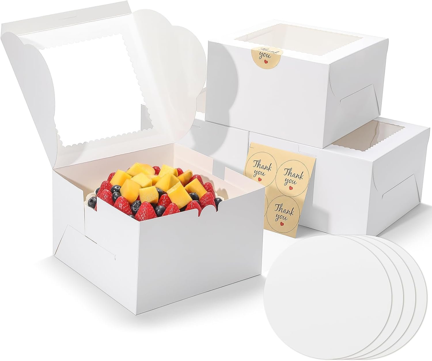 Cajas de pastel pequeñas de 8 pulgadas con ventana, 4 unidades de cajas de repostería con bases para pastel y etiquetas personalizadas, caja para cupcakes ideal para cumpleaños, fiestas, bodas, Día de la Madre, Día de San Valentín y Navidad. Fábrica de soluciones para marca blanca.