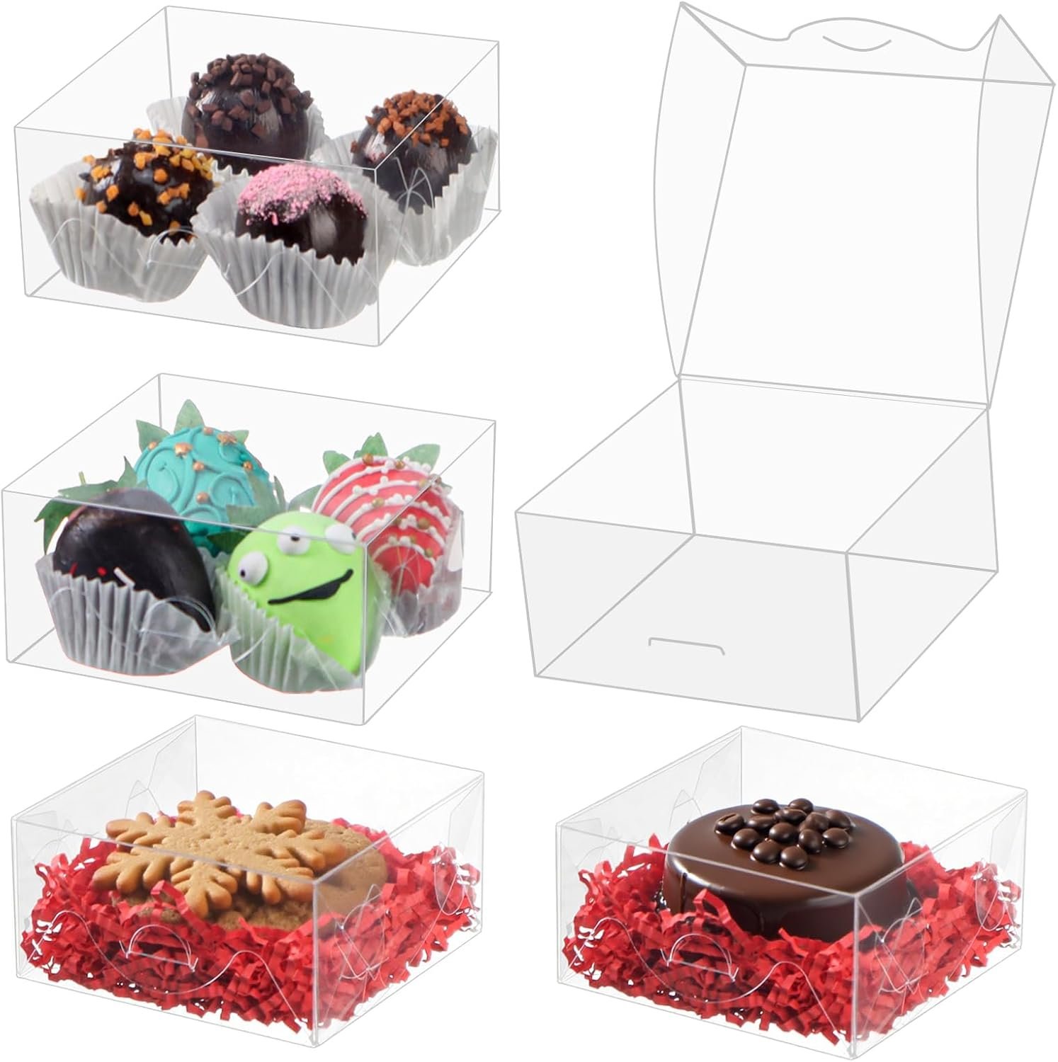 Cajas de regalo de plástico transparente de 100 piezas de 4x4x2 pulgadas para galletas, fresas cubiertas de chocolate, trufas, brownies y más con Marca Blanca, ideales para personalización con Logo Personalizado y disponibles en Fábrica.