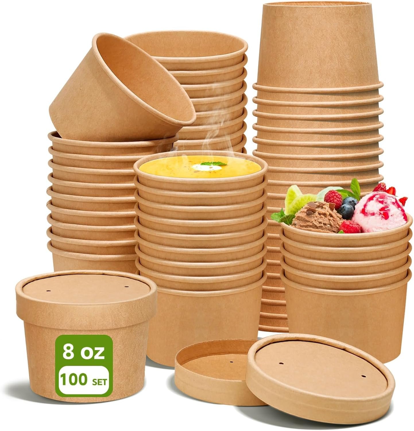 Contenedor de sopa desechable de papel kraft de 8 oz con tapa ventilada, ideal para personalizar con logo, envases de comida para llevar refrigerables y aptos para microondas, perfectos para sopa caliente o helado (100 Pcs - 8 oz) - Proveedor de soluciones en envases.