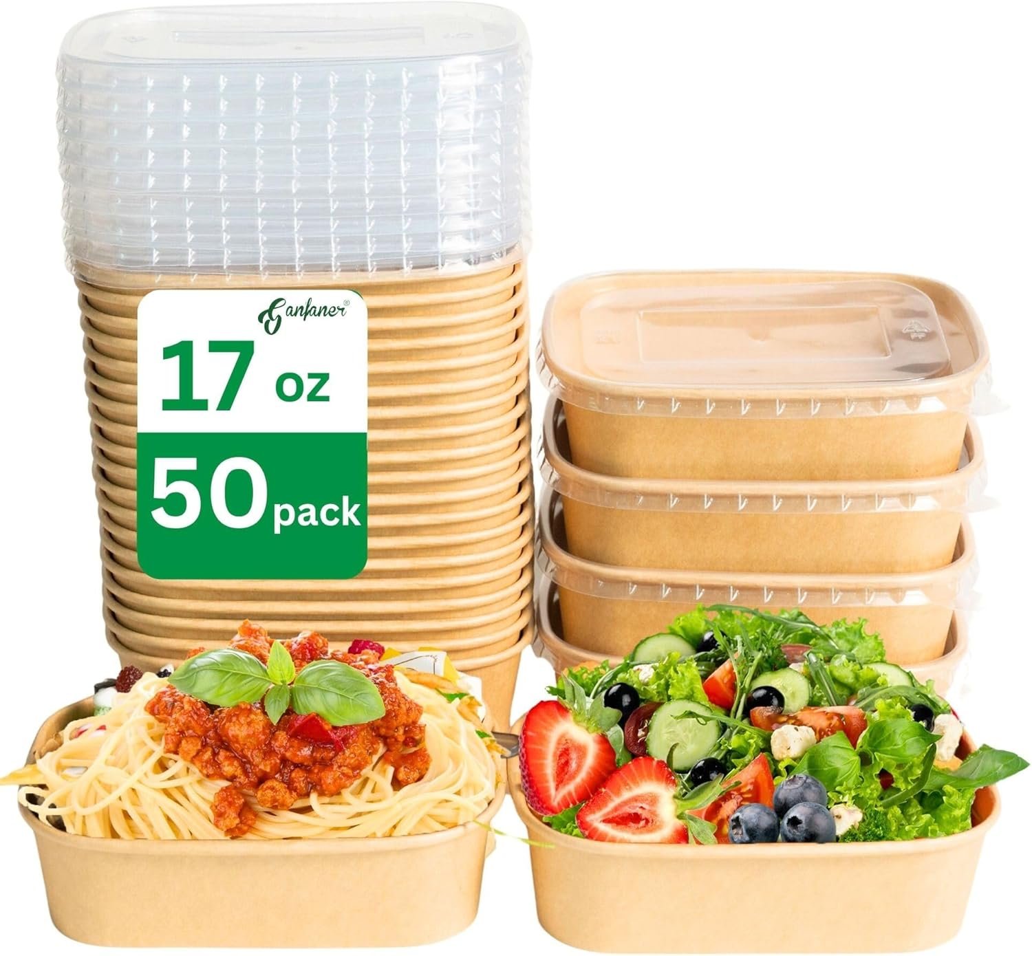 Contenedor desechable de comida de 17 oz con tapas, 50 sets de tazones de papel kraft compostables para sopa, fideos y acai aptos para microondas, cuenco a prueba de fugas para ensaladas, marca blanca de fabricante para almuerzos, fiestas y comida para llevar.