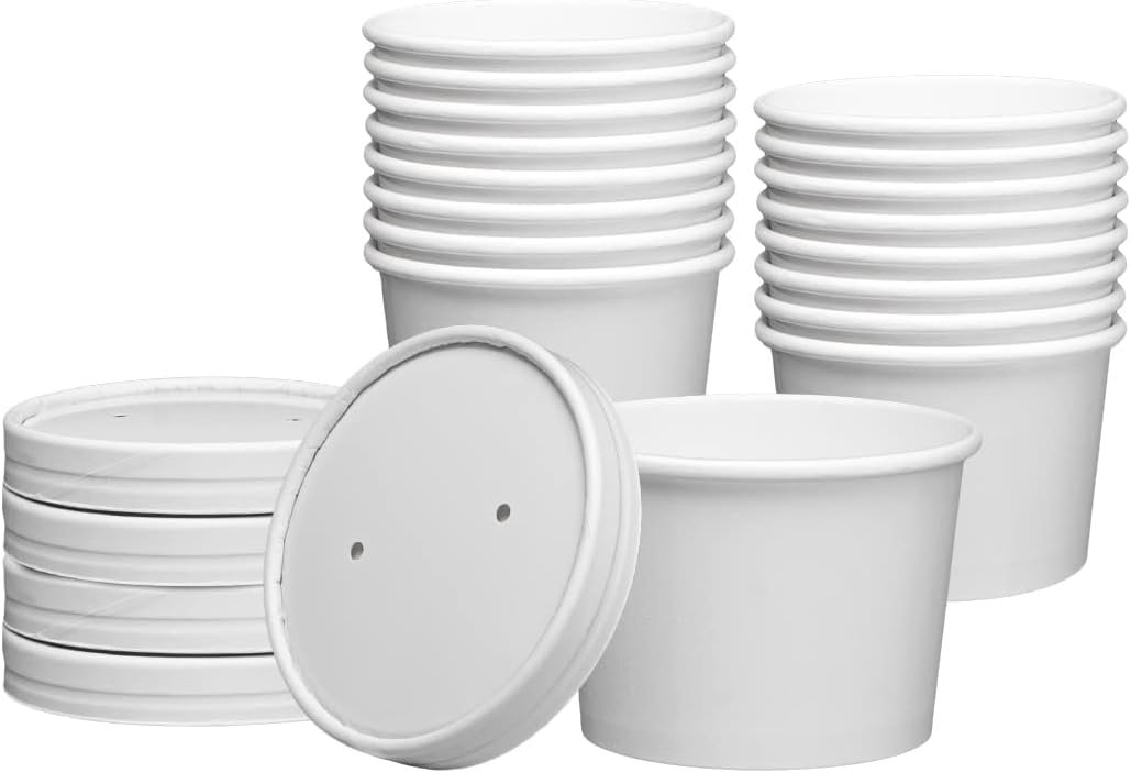 Contenedores de Papel Blanco Desechables de 8oz - 25 Cuentas con Tapa Ventilada, Perfectos para Sopa Caliente, Vasos de Helado y Alimentos Fríos - Marca Blanca con Logo Personalizado, Proveedor de Soluciones para Comida.