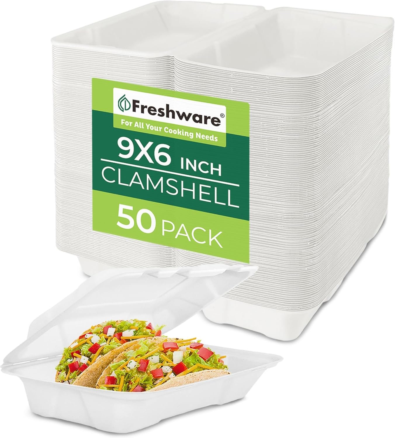 Contenedores de alimentos desechables 9x6” [50 unidades] biodegradables y compostables, cajas para llevar de caña de azúcar, ideales para personalizar con logo, resistentes y apilables, fabricados por un proveedor confiable, aptos para microondas y congelador.
