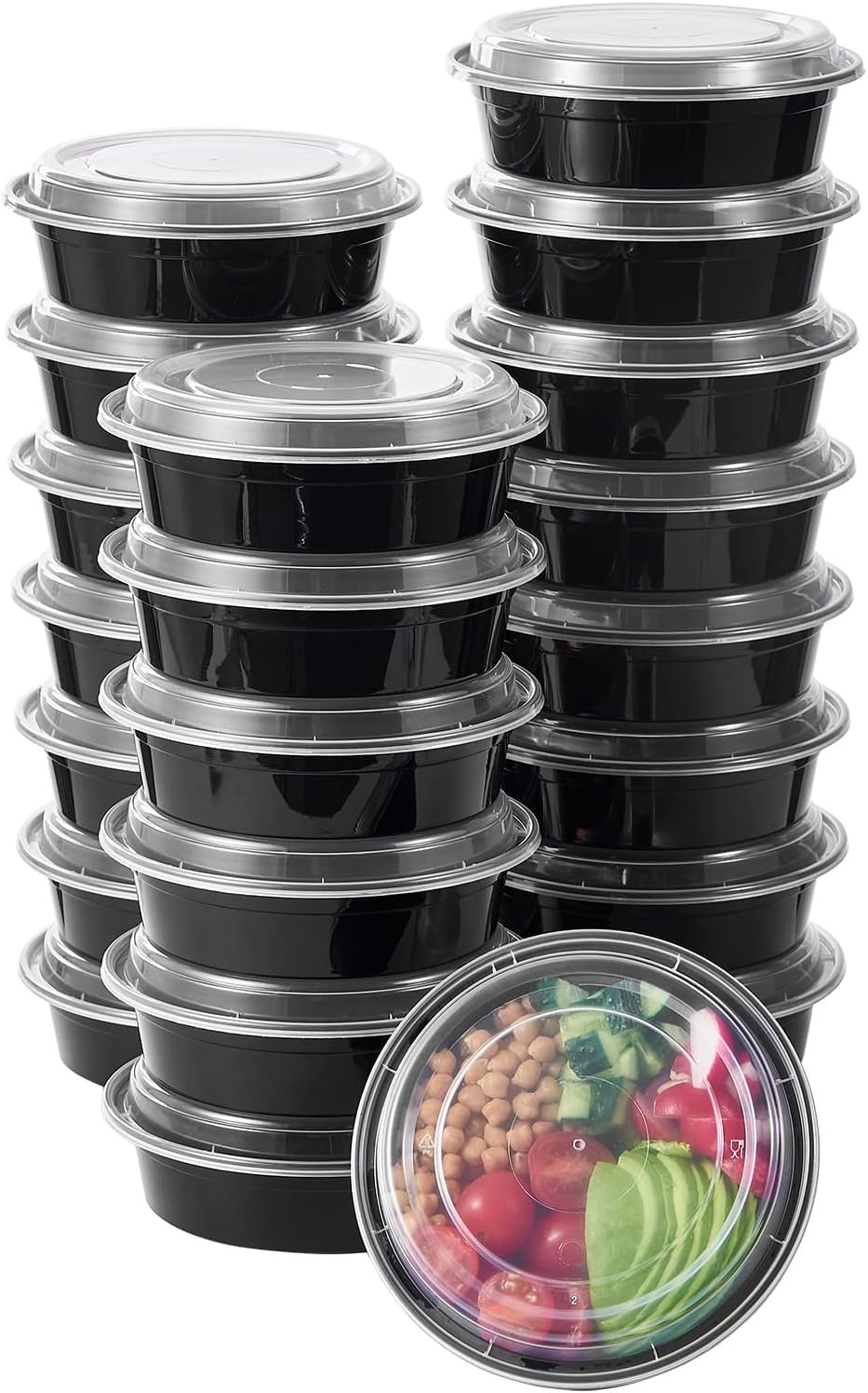 Contenedores de almacenamiento de alimentos redondos desechables de 24 oz y 50 unidades con tapa, ideales para preparación de comidas, con logo personalizado, marca blanca, apilables, reutilizables, aptos para microondas y lavavajillas, fabricados por un proveedor de confianza.