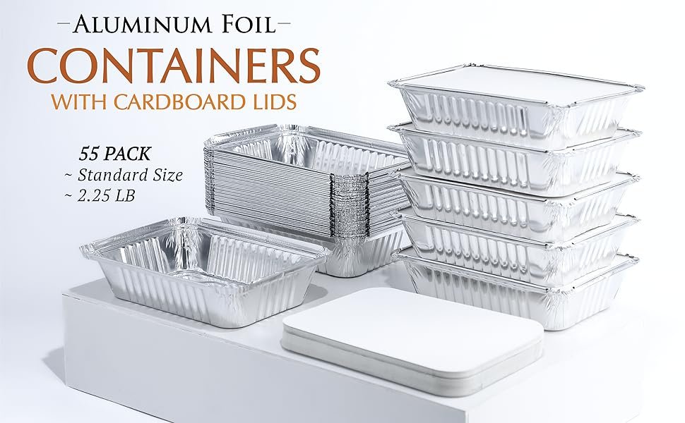 Contenedores de aluminio de 2.25 LB con tapa - 55 paquetes para llevar, a prueba de calor, ideales para la preparación de comidas, comida para llevar y comidas del congelador - Marca blanca del proveedor. Contenedores de aluminio de 2.25 LB con tapa - 55 paquetes para llevar, a prueba de calor, ideales para la preparación de comidas, comida para llevar y comidas del congelador - Marca blanca del proveedor.