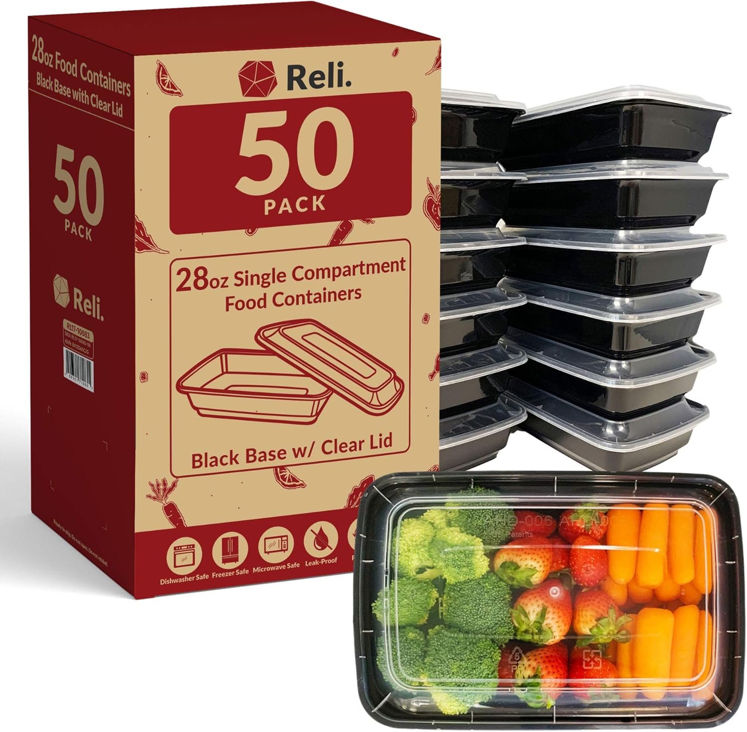 Contenedores desechables para alimentos de 28 oz con tapa - 50 unidades | Logo Personalizado, ideal para llevar y planificación de comidas | Fábrica de soluciones para almacenamiento de alimentos | Marca Blanca en plástico negro