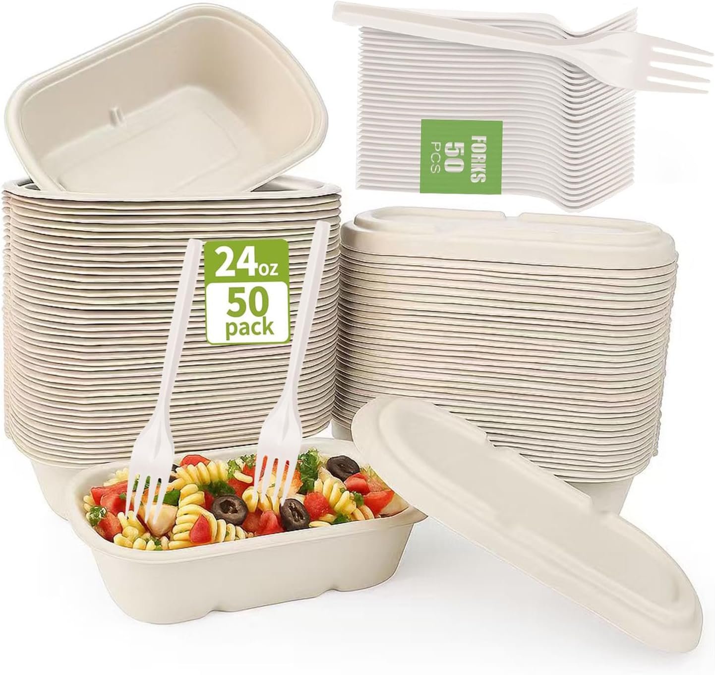 Contenedores desechables para comida de 24oz con tapa, 50 unidades en fibra de caña de azúcar, ideales para comida para llevar, aptos para microondas y congelador, incluyen tenedores, Marca Blanca de Fábrica 101.